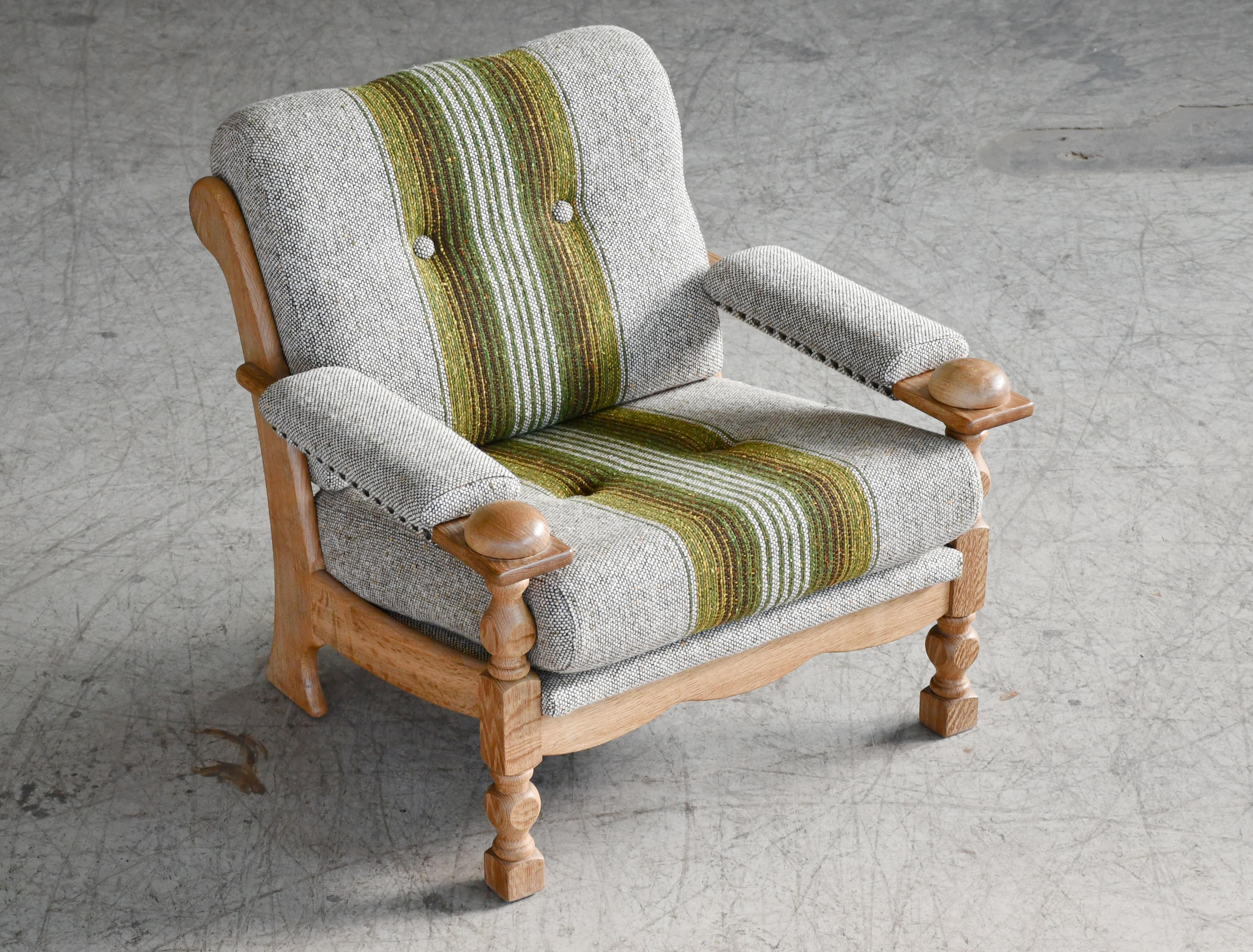 Wool Danish Mid-Century Carved Oak Easy Chairs in Oak by Henry Kjaernulf, 1960's