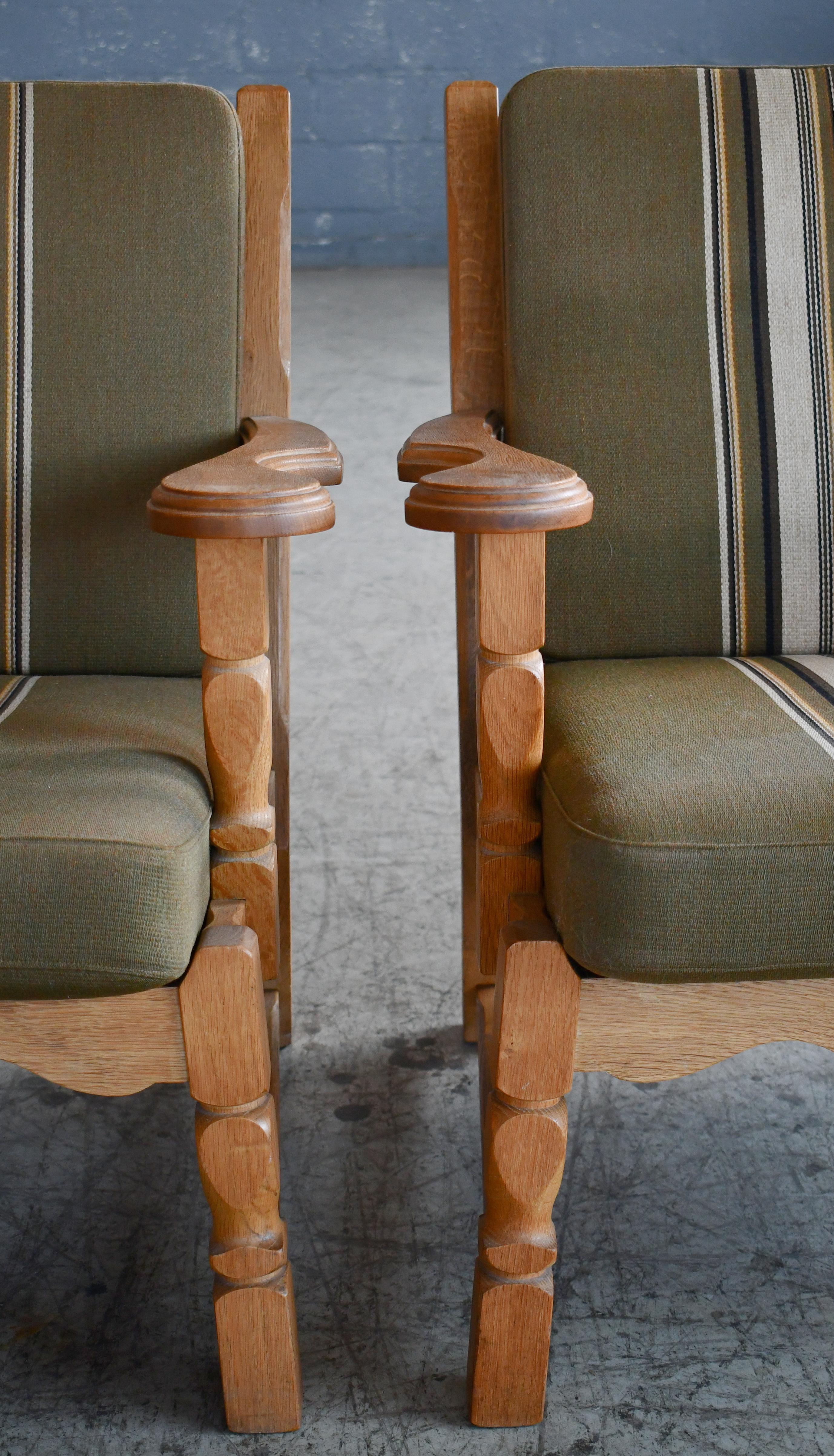Danish Mid-Century Carved Oak Easy Lounge Chairs in Oak by Henry Kjaernulf In Good Condition For Sale In Bridgeport, CT