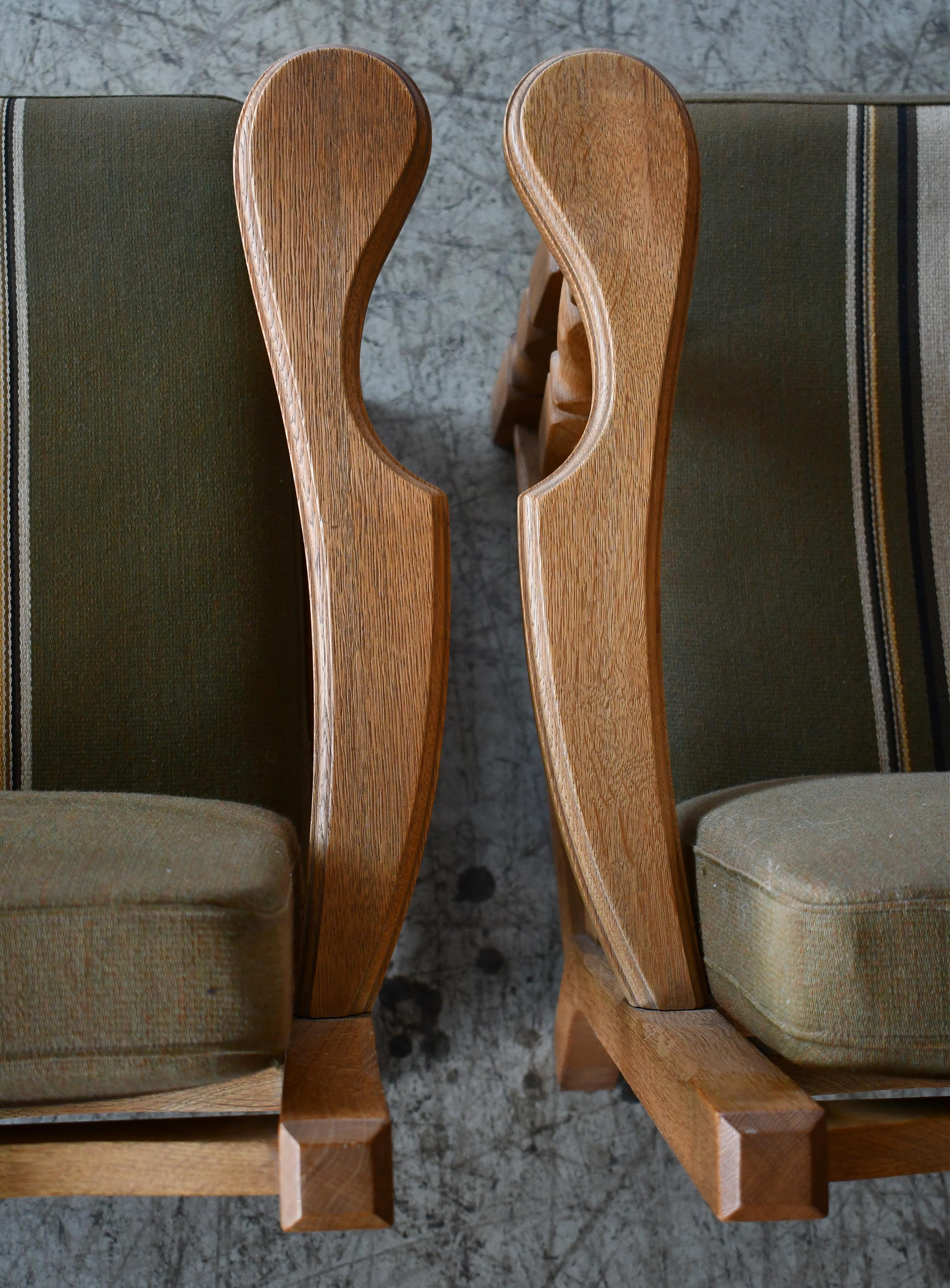 Late 20th Century Danish Mid-Century Carved Oak Easy Lounge Chairs in Oak by Henry Kjaernulf For Sale