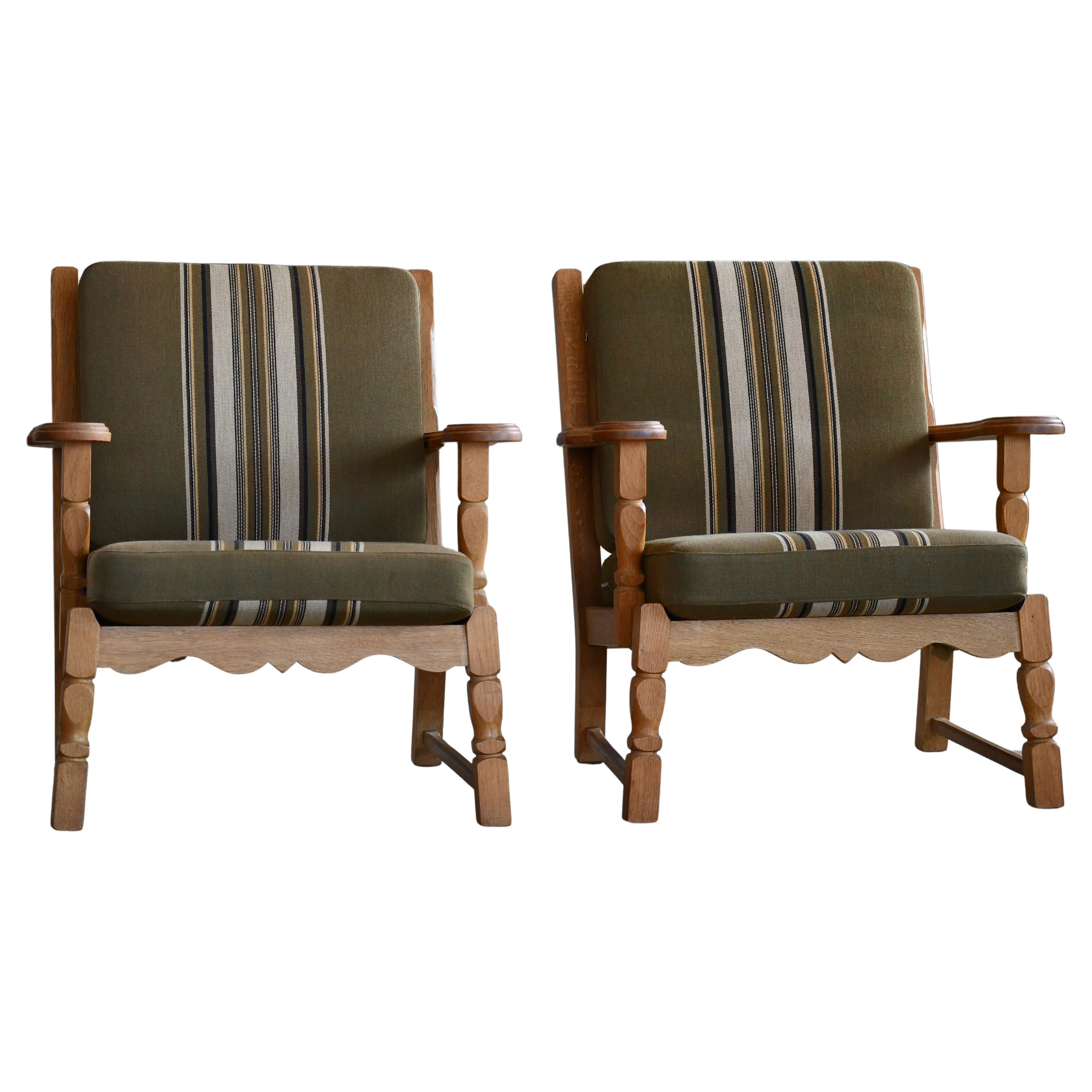 Danish Mid-Century Carved Oak Easy Lounge Chairs in Oak by Henry Kjaernulf