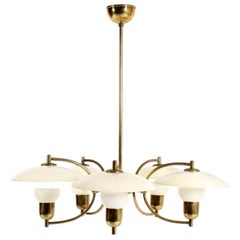 Danish Midcentury Chandelier in Brass & Glass Designed by Ernst Voss, 1950s