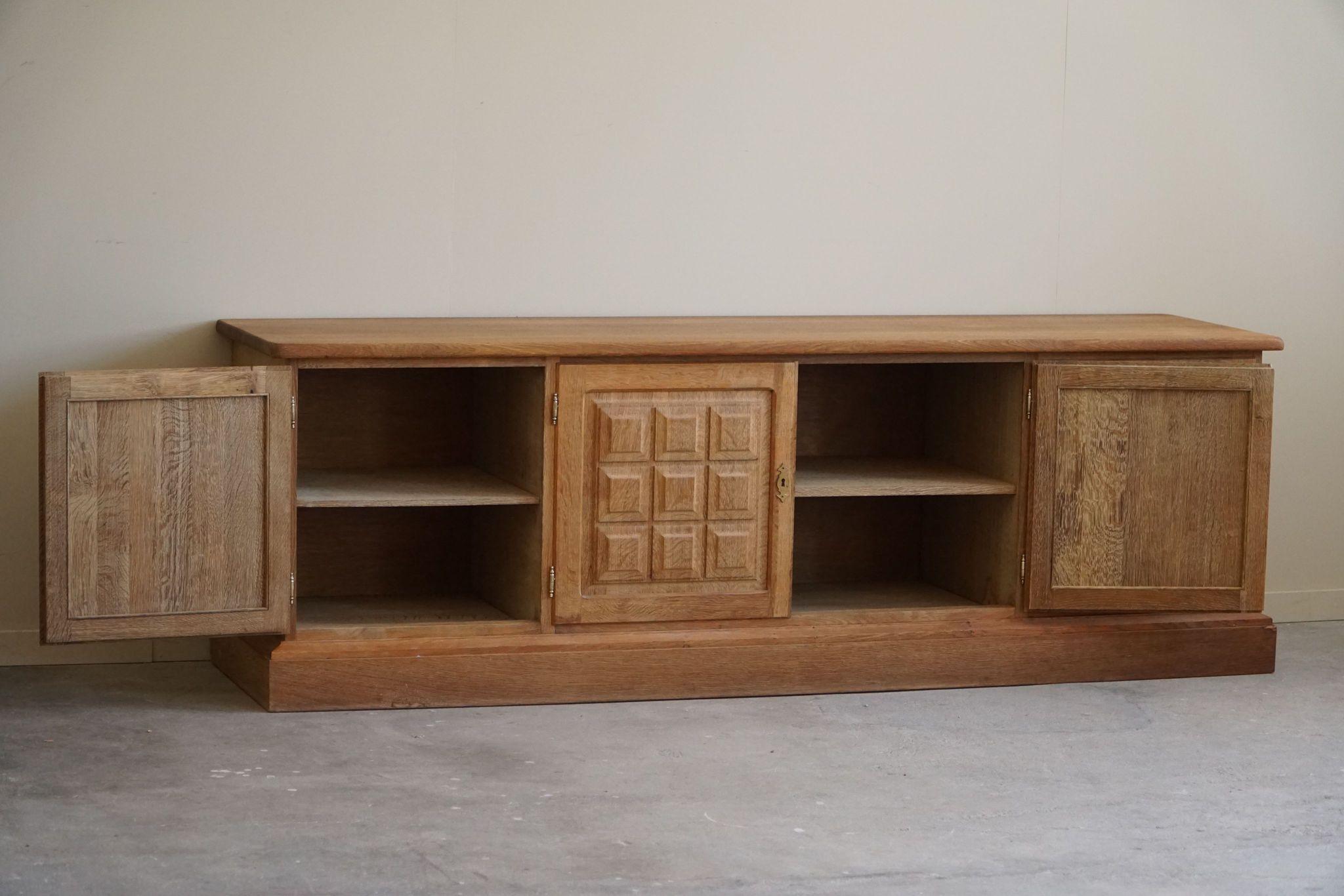 Brass Danish Mid Century, Classic Low Rectangular Brutalist Sideboard in Oak, 1950s For Sale