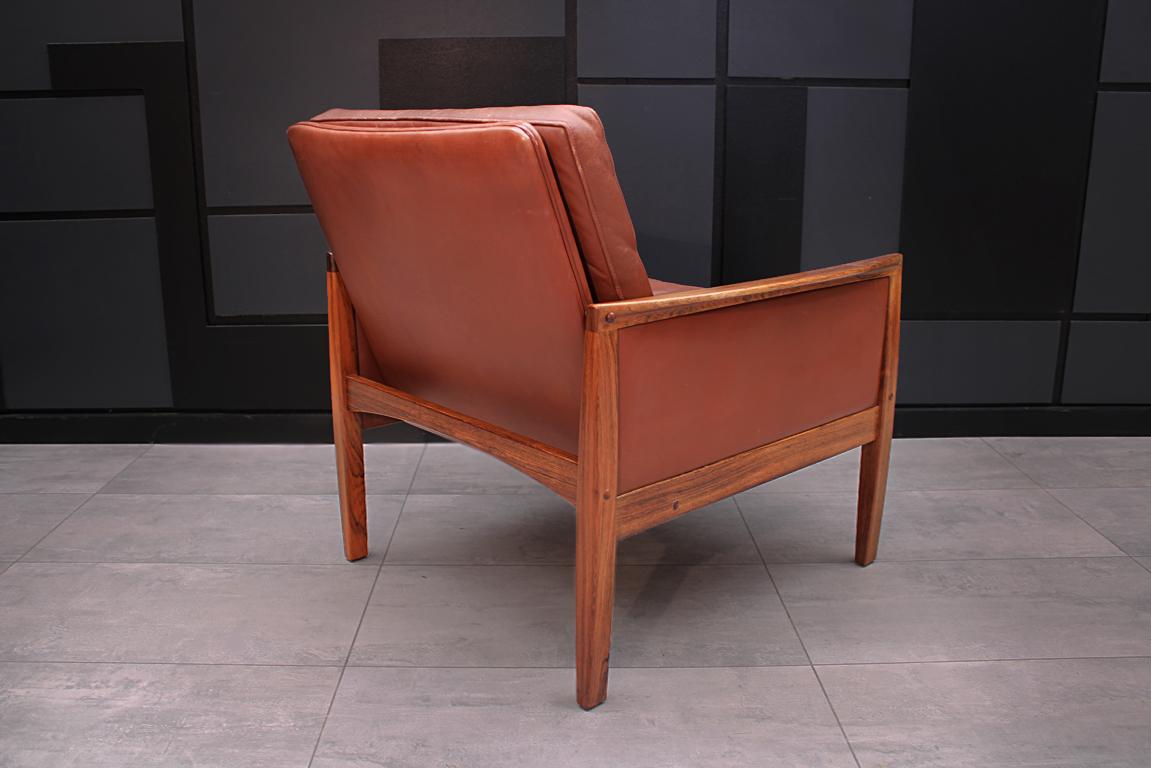 20th Century Danish Midcentury Cognac Leather and Rosewood Lounge Chair by Hans Olsen