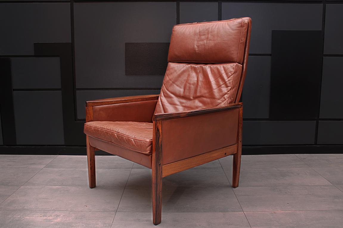 Danish Midcentury Cognac Leather and Rosewood Lounge Chair by Hans Olsen 1