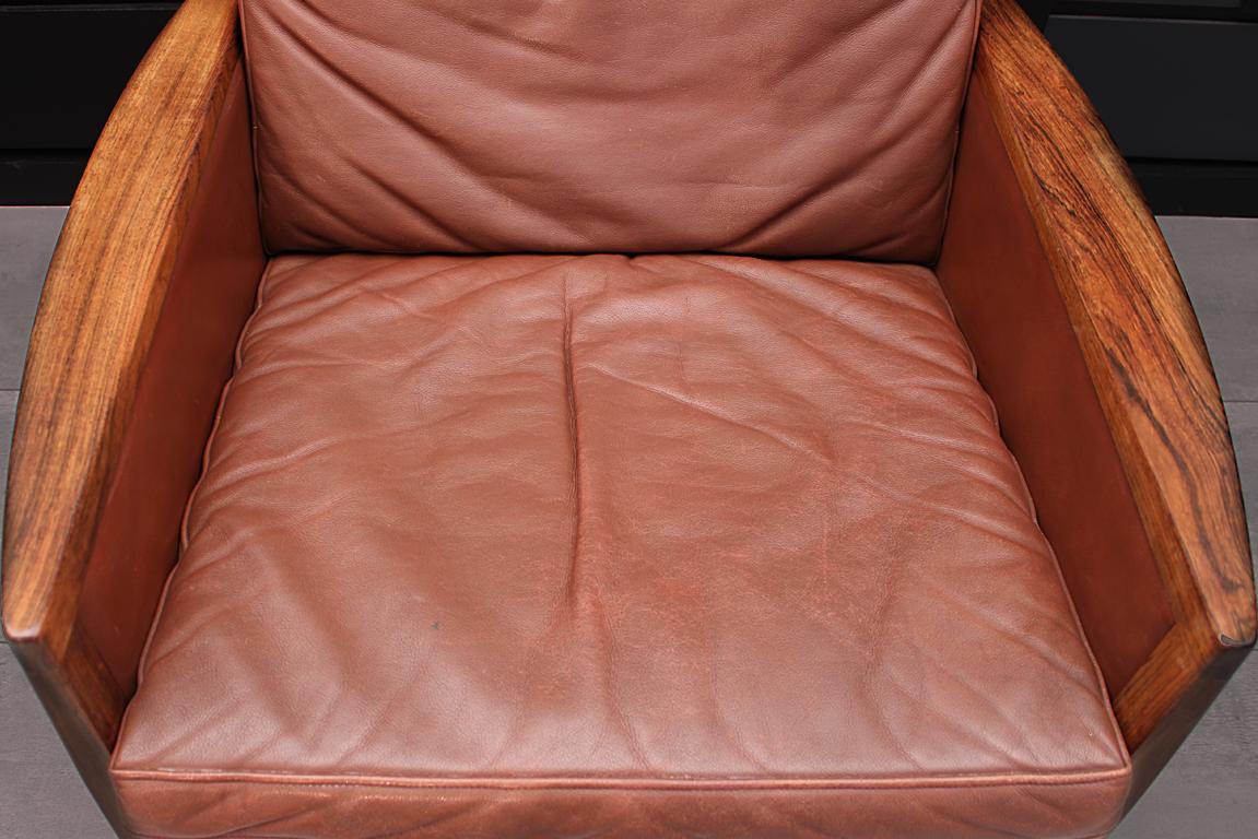 Danish Midcentury Cognac Leather and Rosewood Lounge Chair by Hans Olsen 2