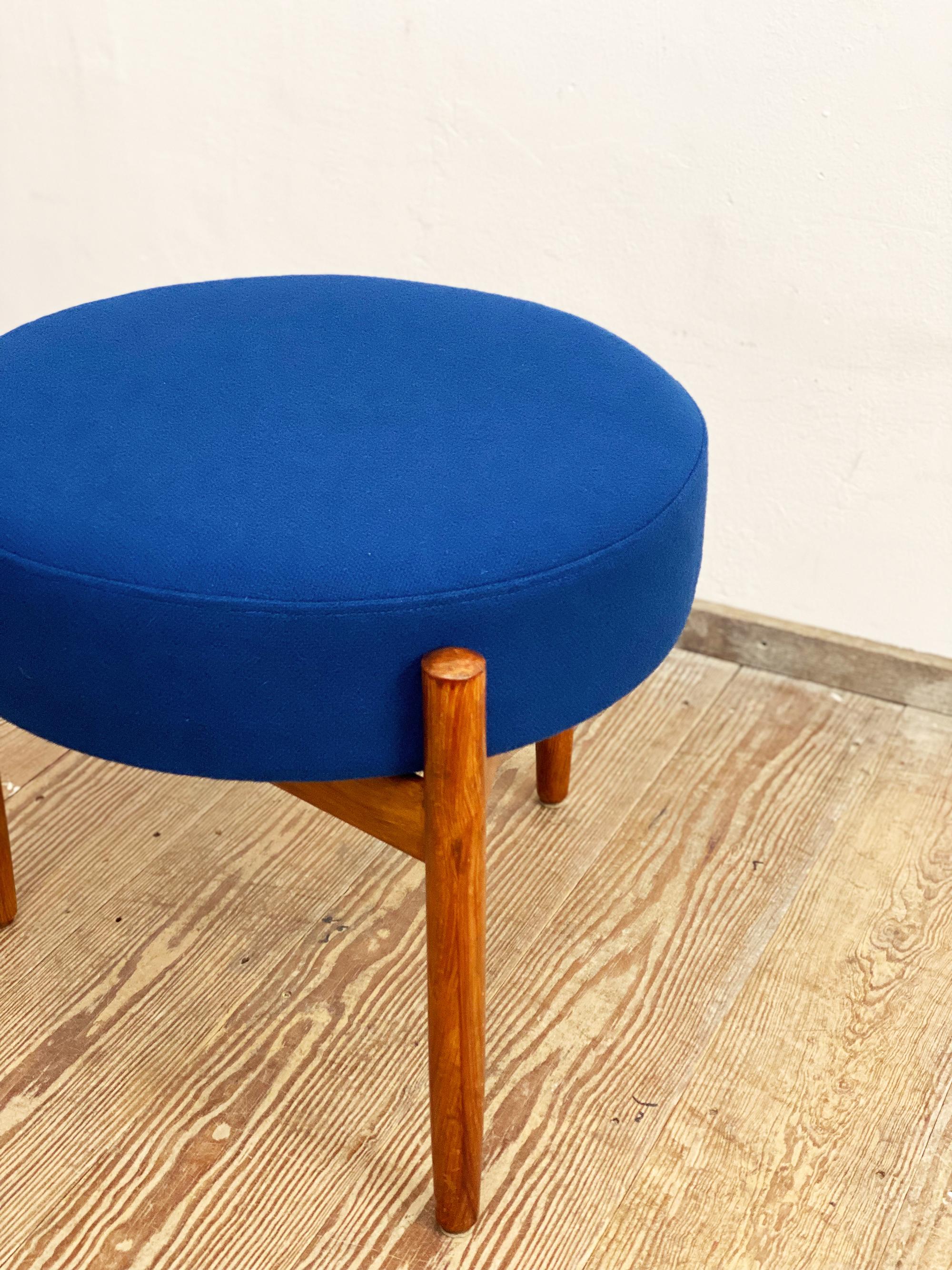 Mid-Century Modern Danish Mid-Century Design Teak Stool or Round Foot Rest with Blue Upholstery