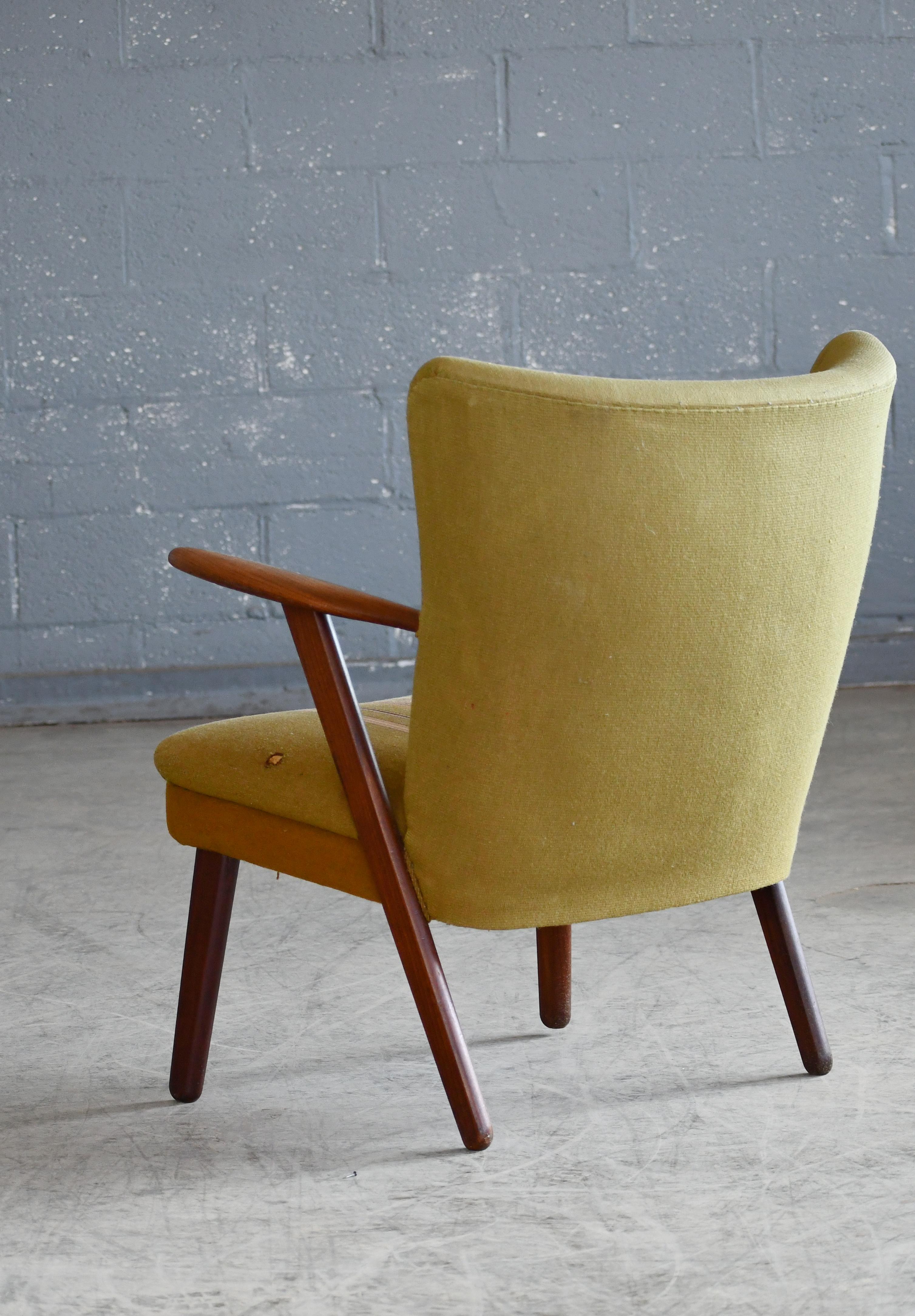Scandinavian Modern Danish mid-century Easy Chair Teak and original Striped Wool, 1950's For Sale