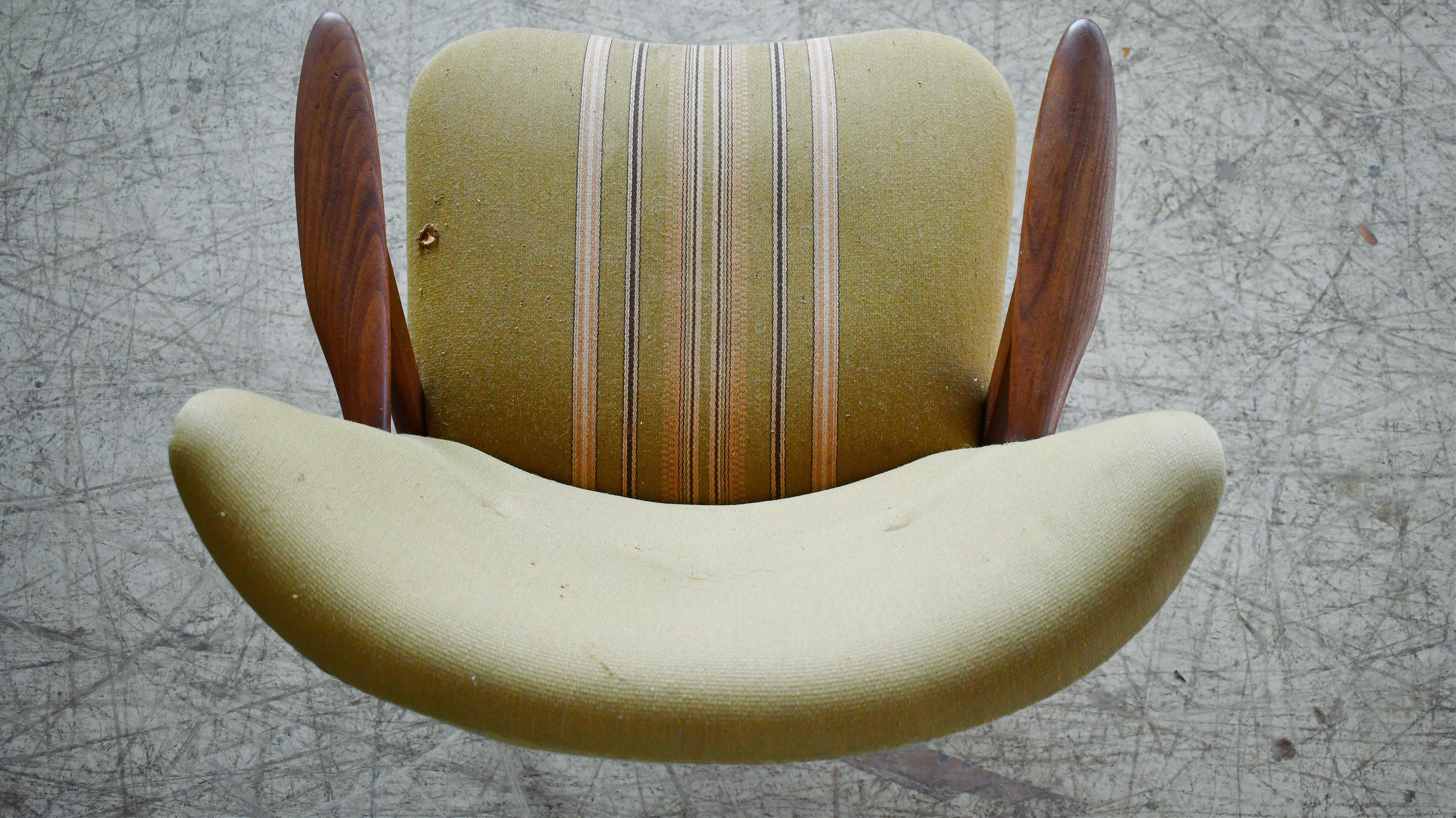Mid-20th Century Danish mid-century Easy Chair Teak and original Striped Wool, 1950's For Sale