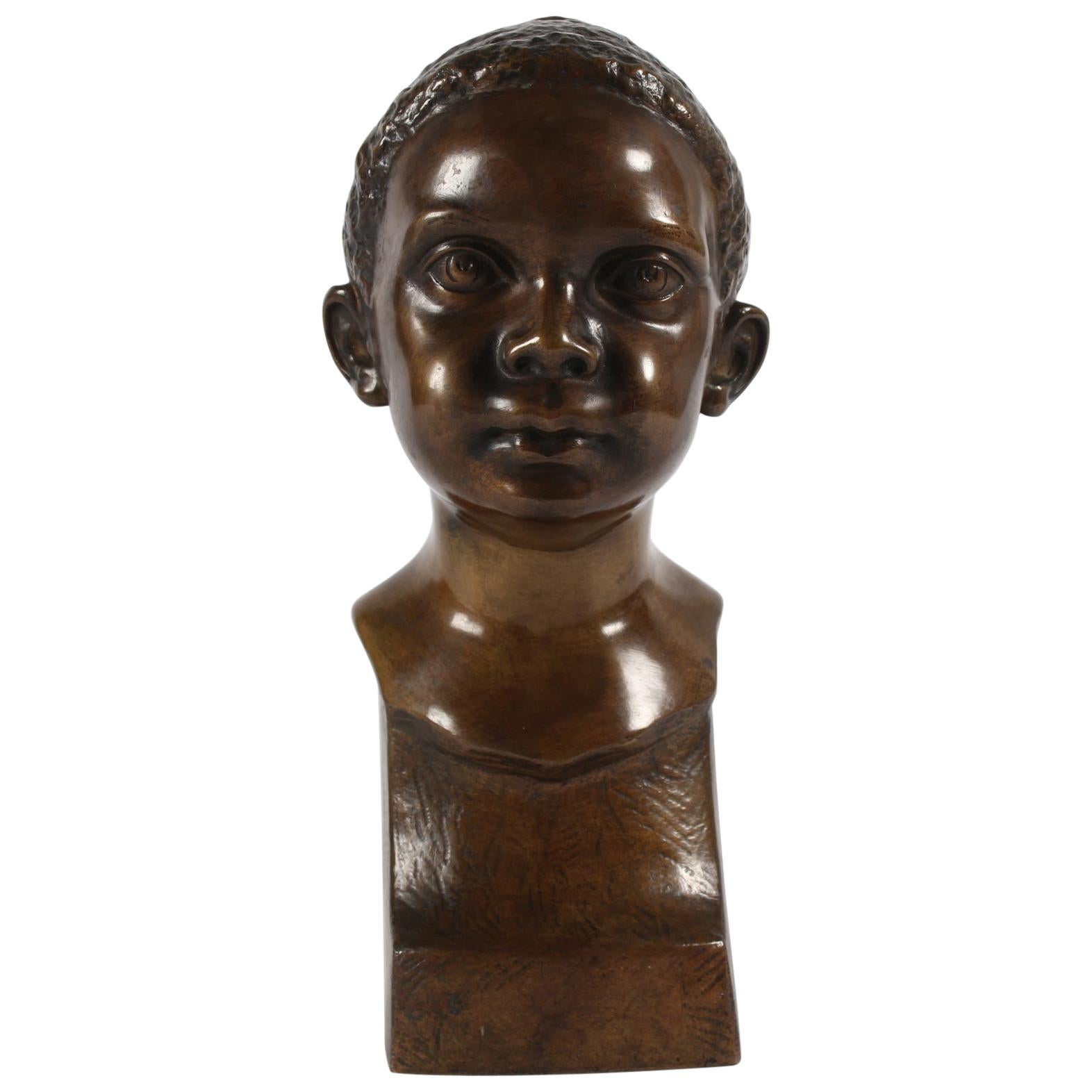Danish Midcentury Elna Borch Bronze Bust of Young Child Made by L. Rasmussen