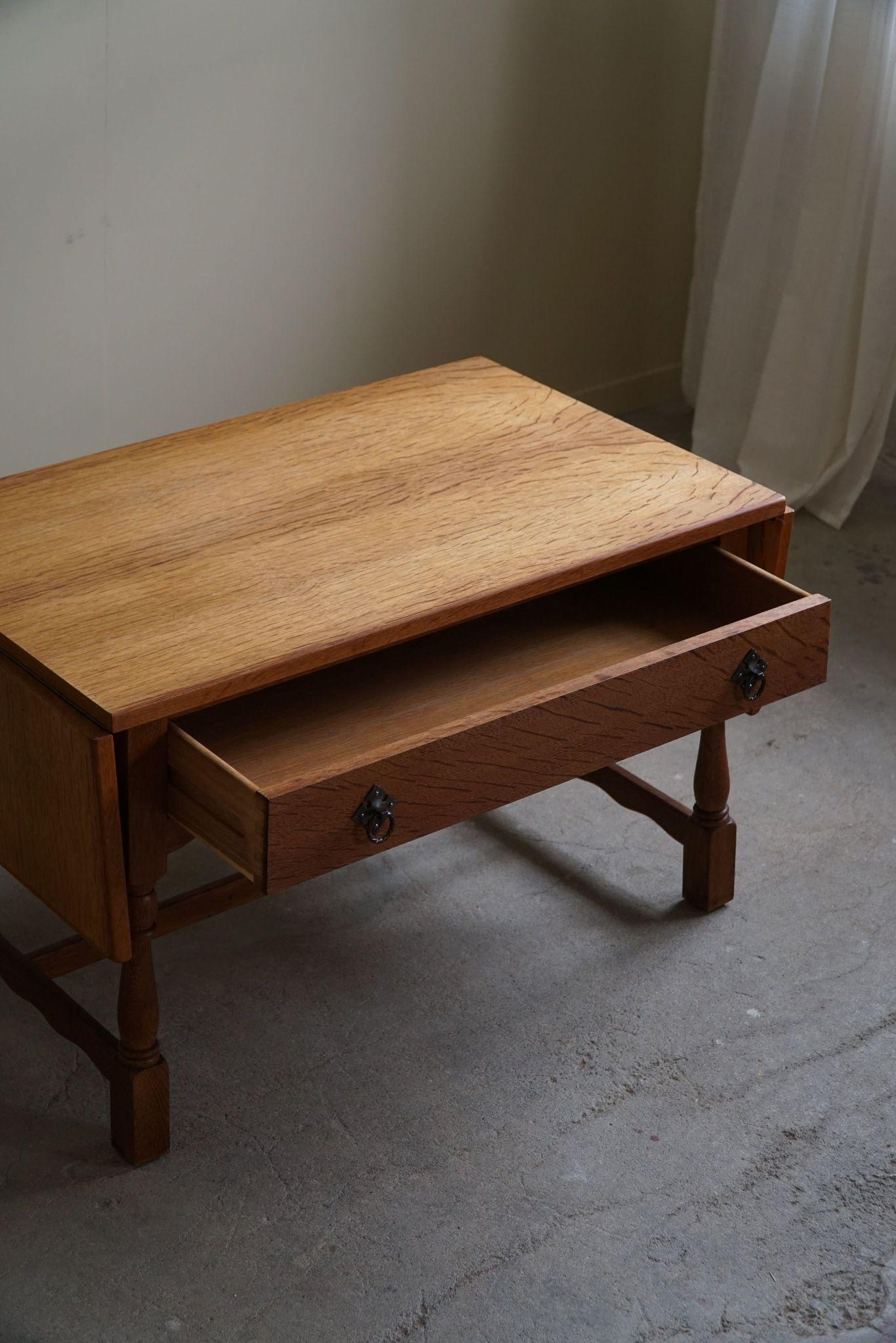 Danish Mid Century Folding Table with a Drawer in Oak, Henning Kjærnulf, 1960s For Sale 2