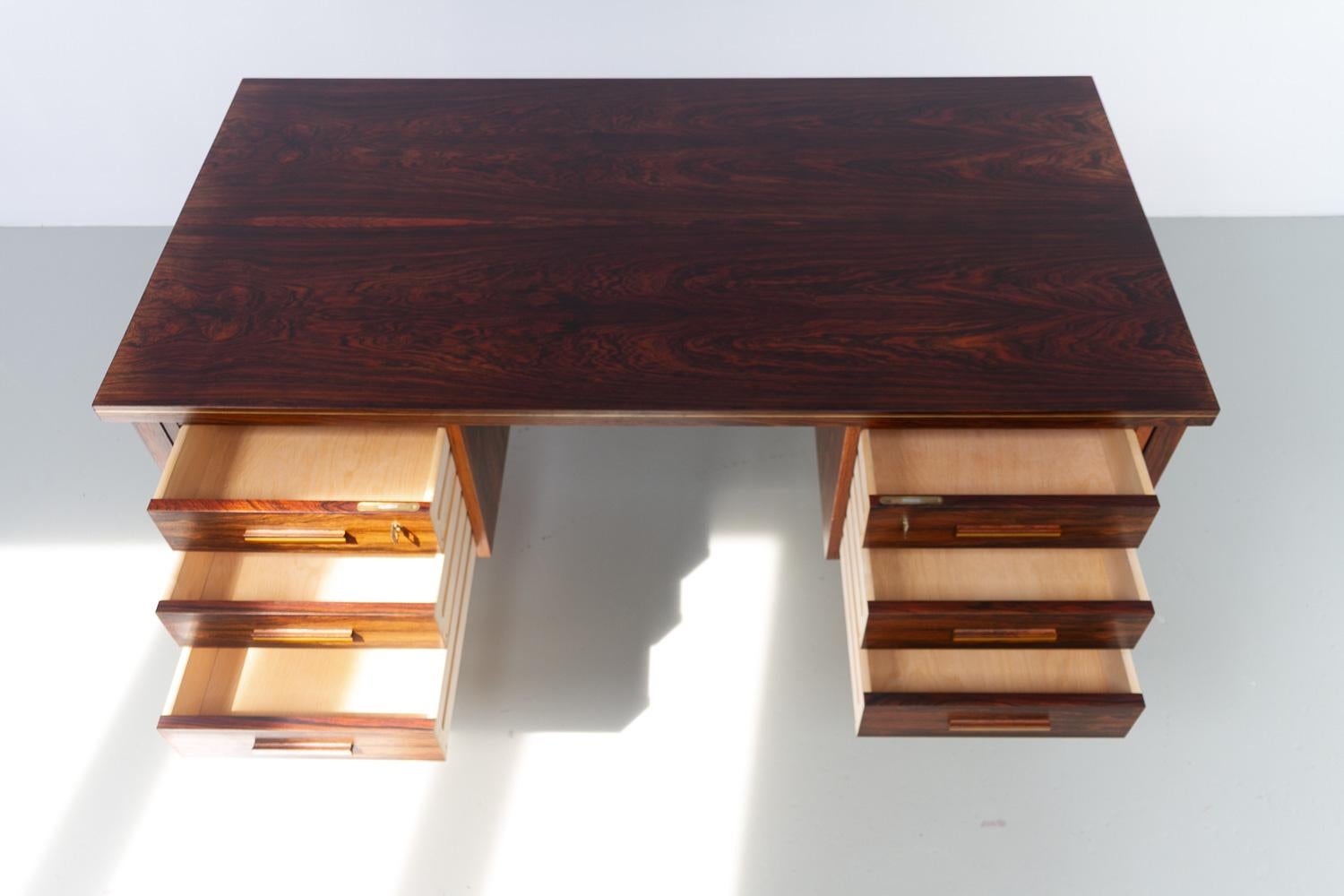 Brass Danish Mid-Century Freestanding Rosewood Desk by Gunnar Falsig, 1960s. For Sale