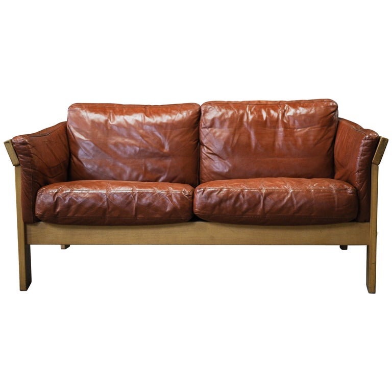 Danish Mid Century Modern Friis and Moltke Beech and Brown Leather Two-Seat  Sofa. at 1stDibs