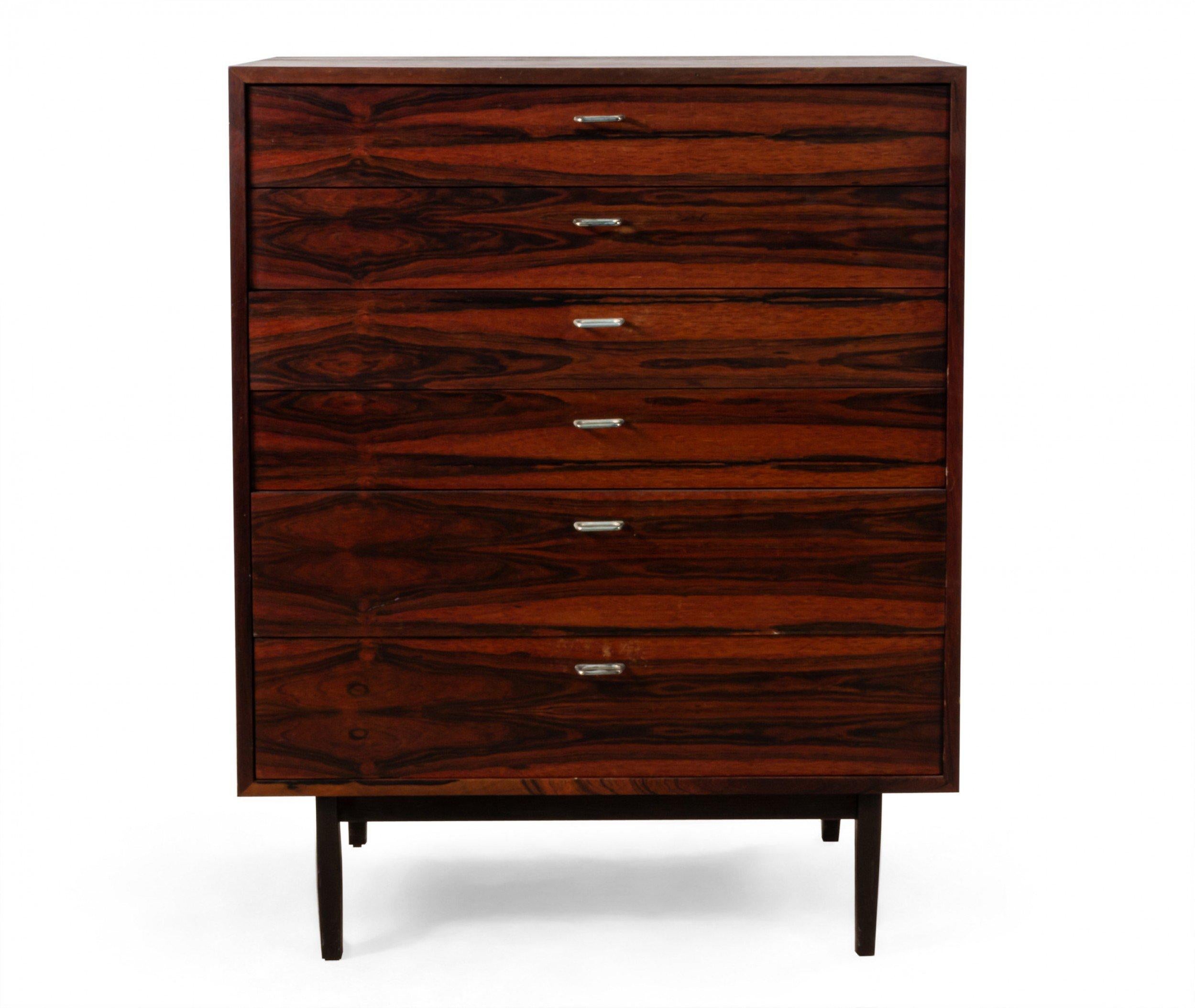 Danish mid-century high chest with 6 drawers, tapered legs, and silver metal drawer pulls.
  