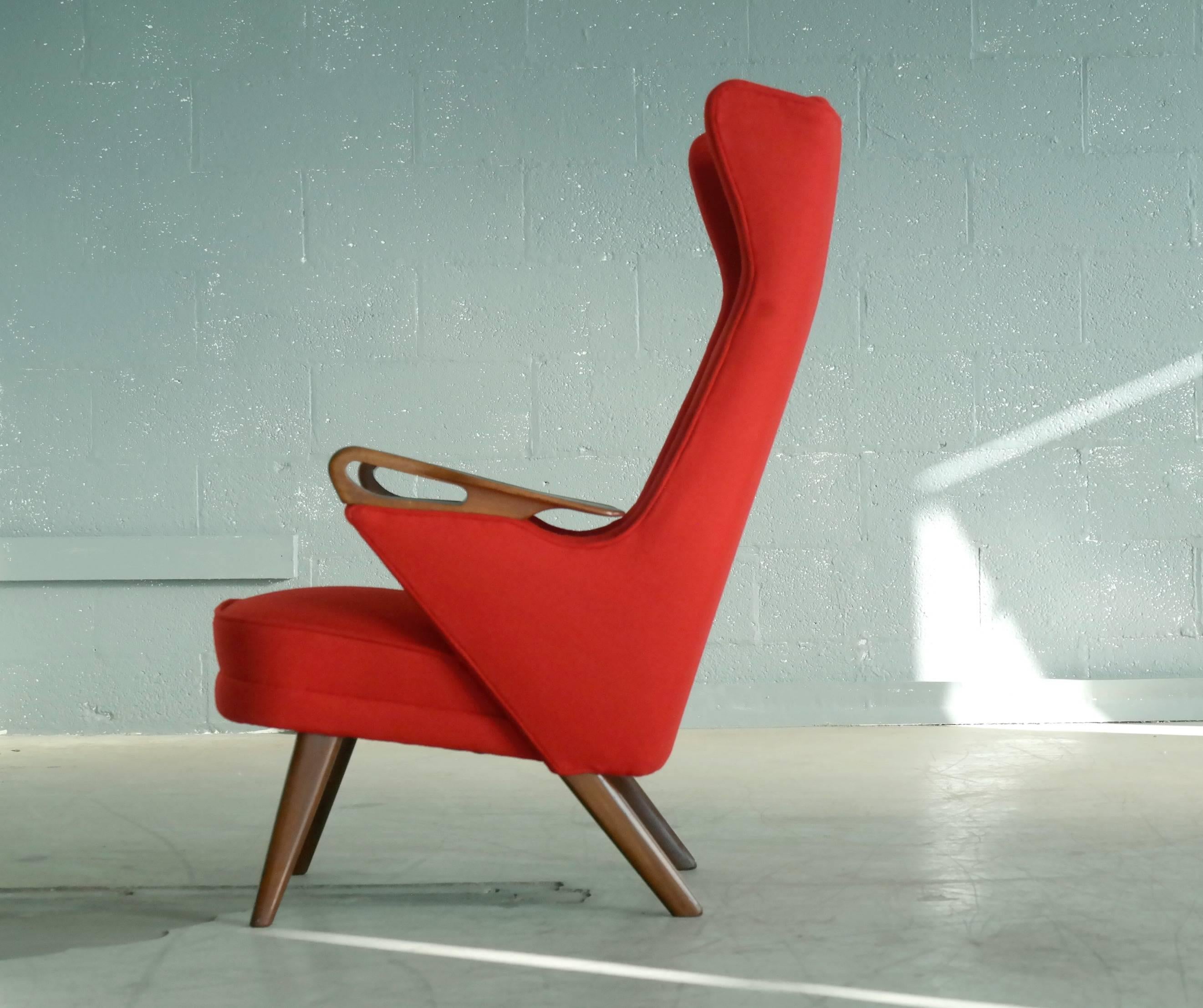 Danish Midcentury Highback Lounge Chair with Teak Armrests and Ferrari Red Wool In Good Condition In Bridgeport, CT