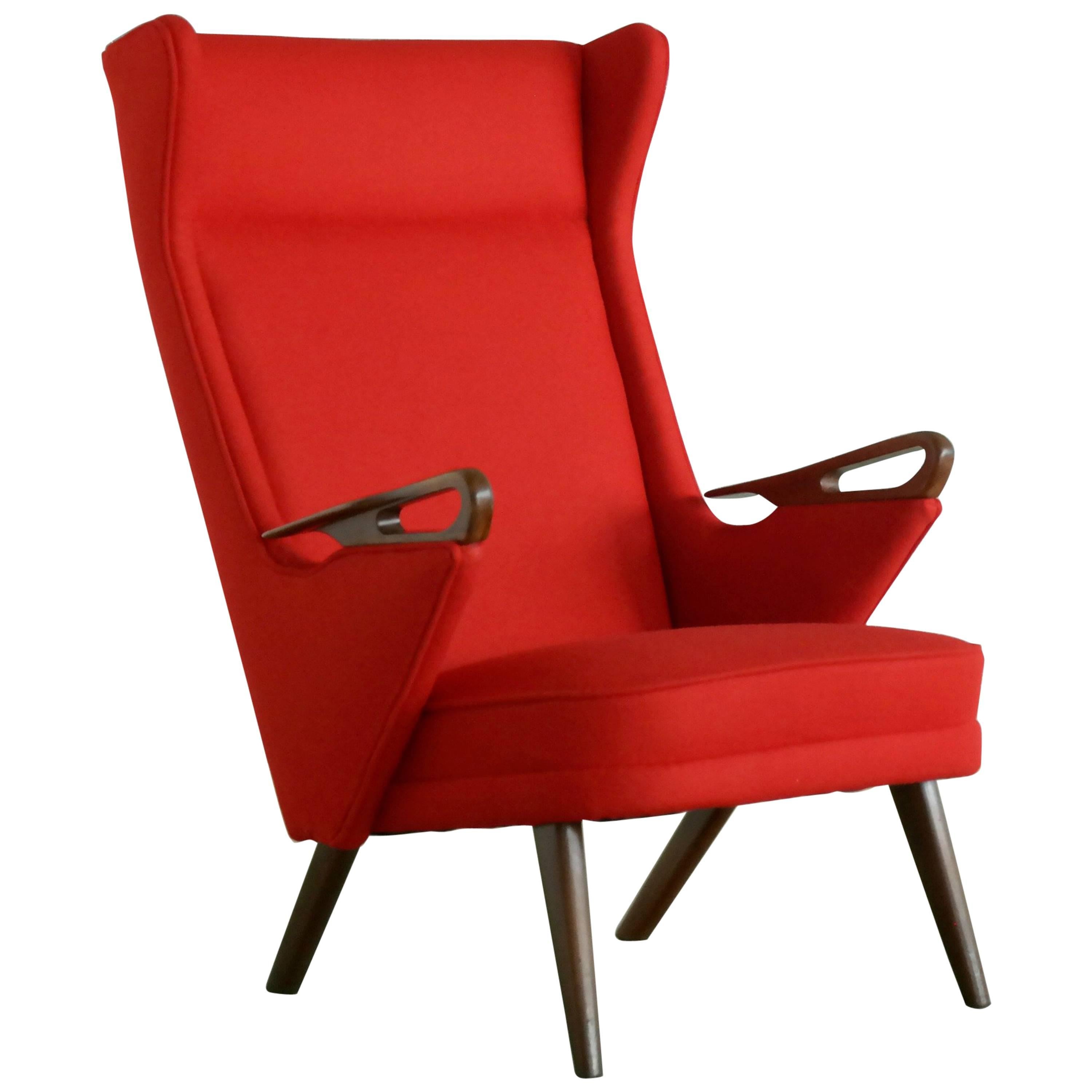 Danish Midcentury Highback Lounge Chair with Teak Armrests and Ferrari