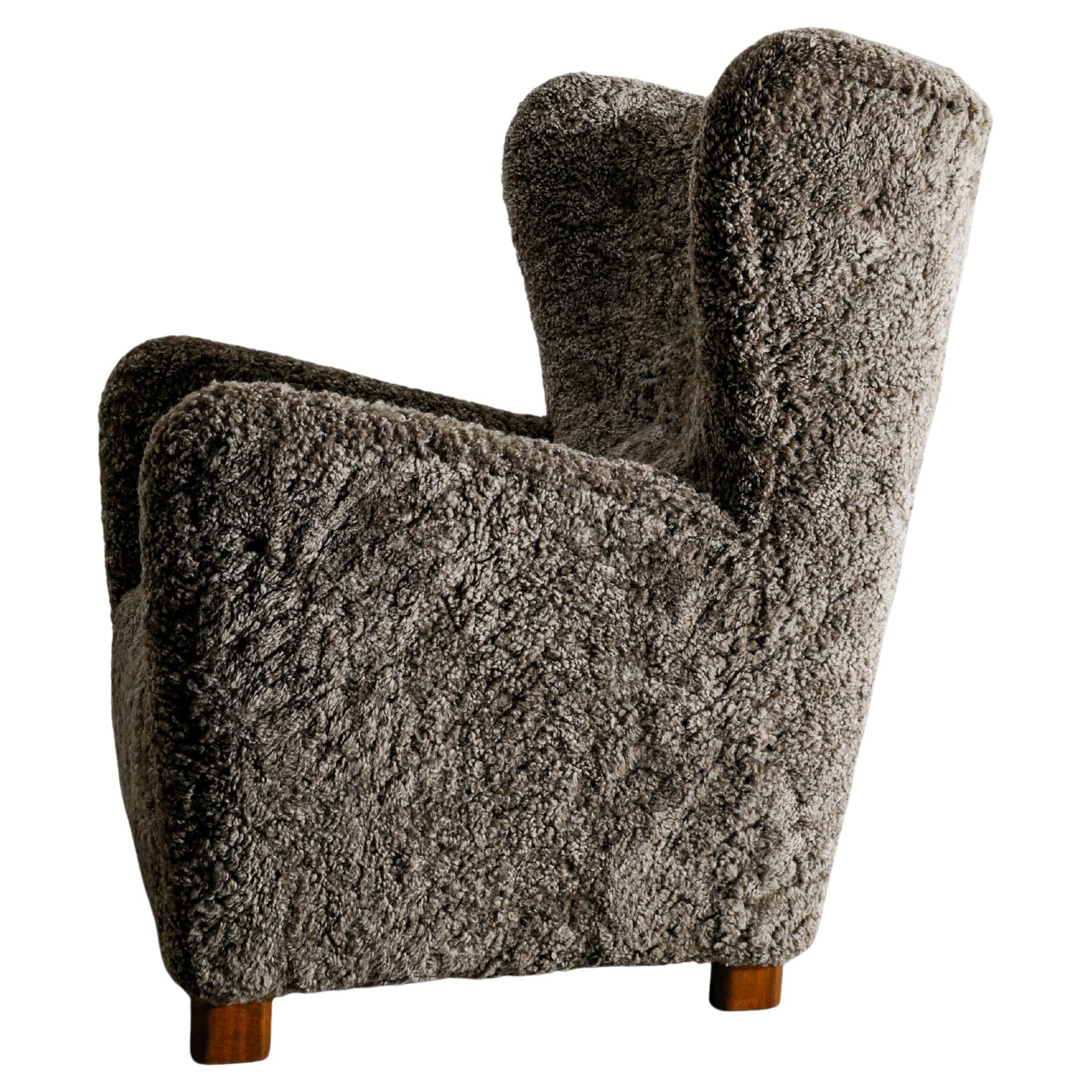 Danish Mid Century Highback Wingback Armchair in Grey Sheepskin Produced, 1940s For Sale