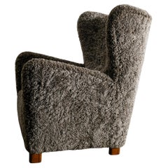 Danish Mid Century Highback Wingback Armchair in Grey Sheepskin Produced, 1940s