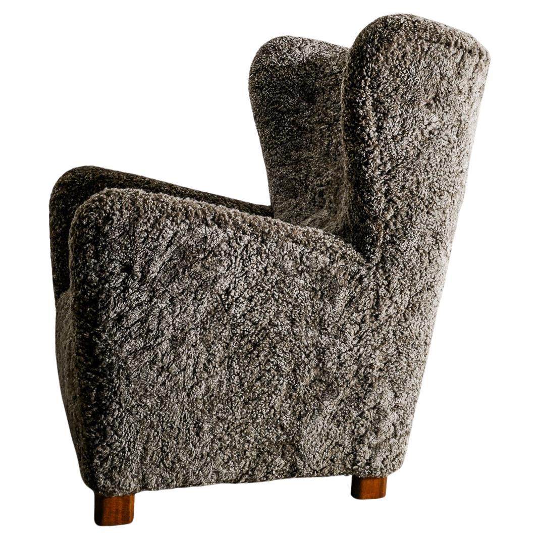 Danish Mid Century Highback Wingback Armchair in Grey Sheepskin Produced, 1940s