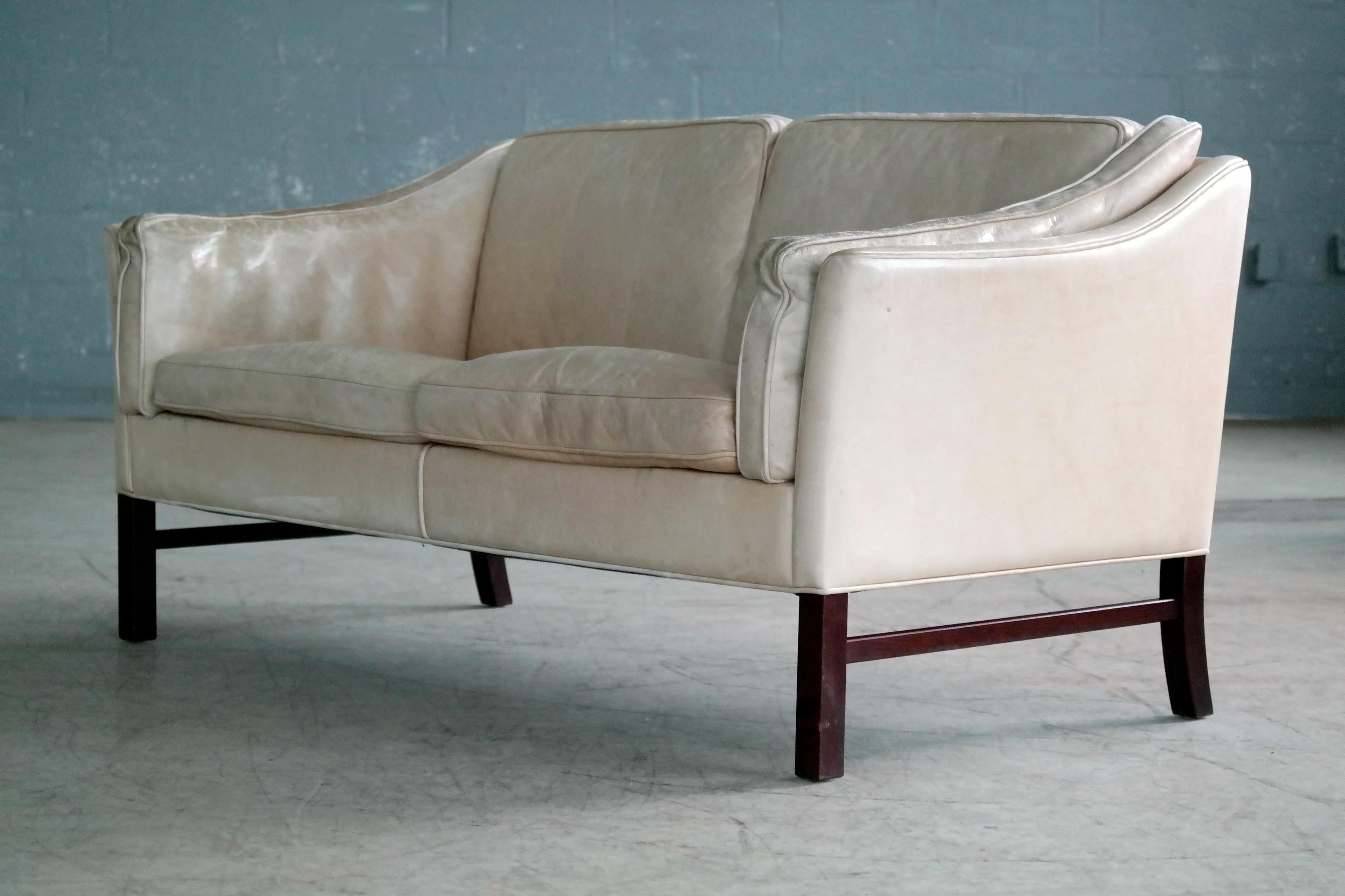 Danish Midcentury Illum Wikkelso Attributed, Two-Seat Sofa in Worn Tan Leather 6