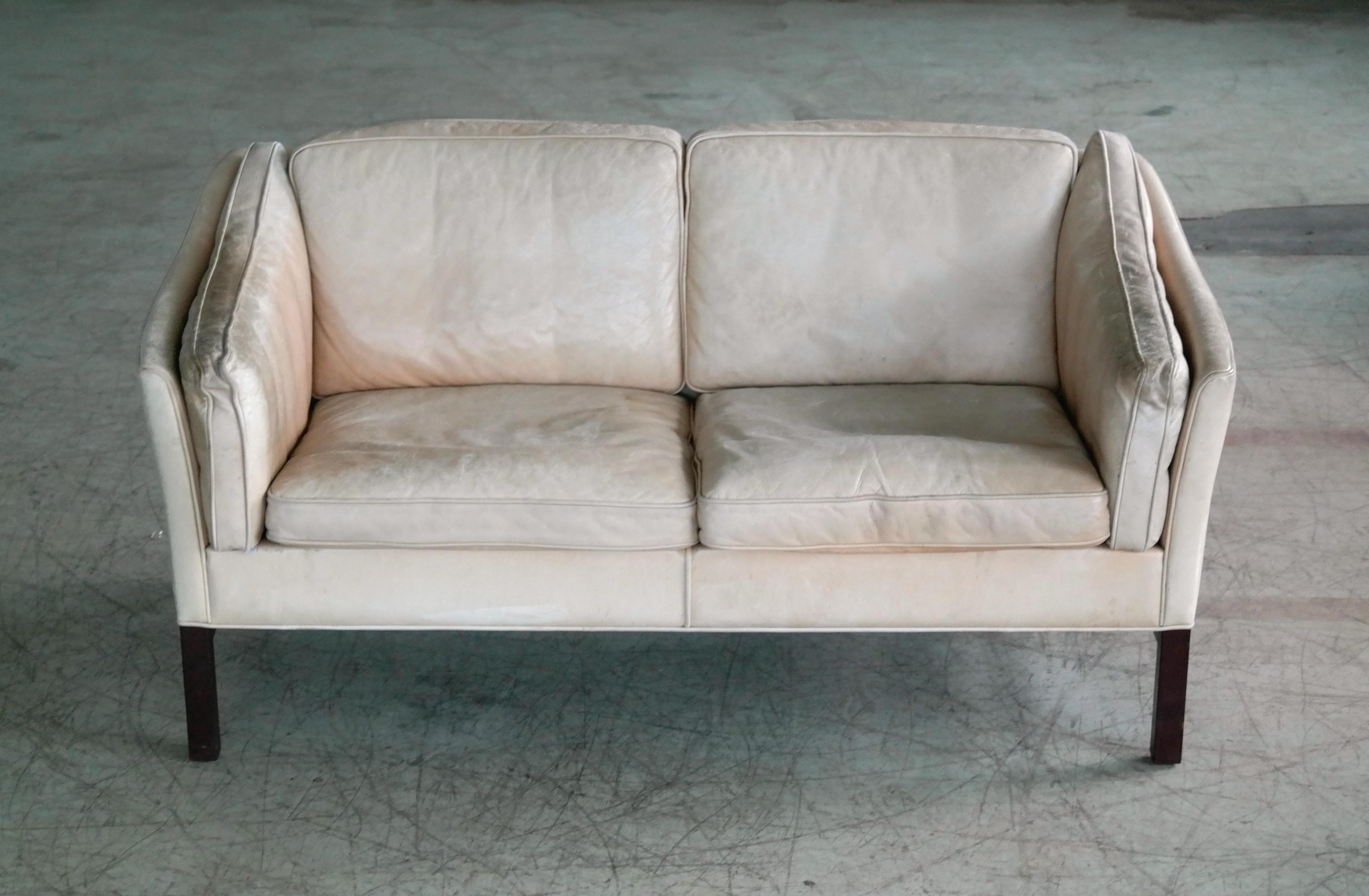 Late 20th Century Danish Midcentury Illum Wikkelso Attributed, Two-Seat Sofa in Worn Tan Leather