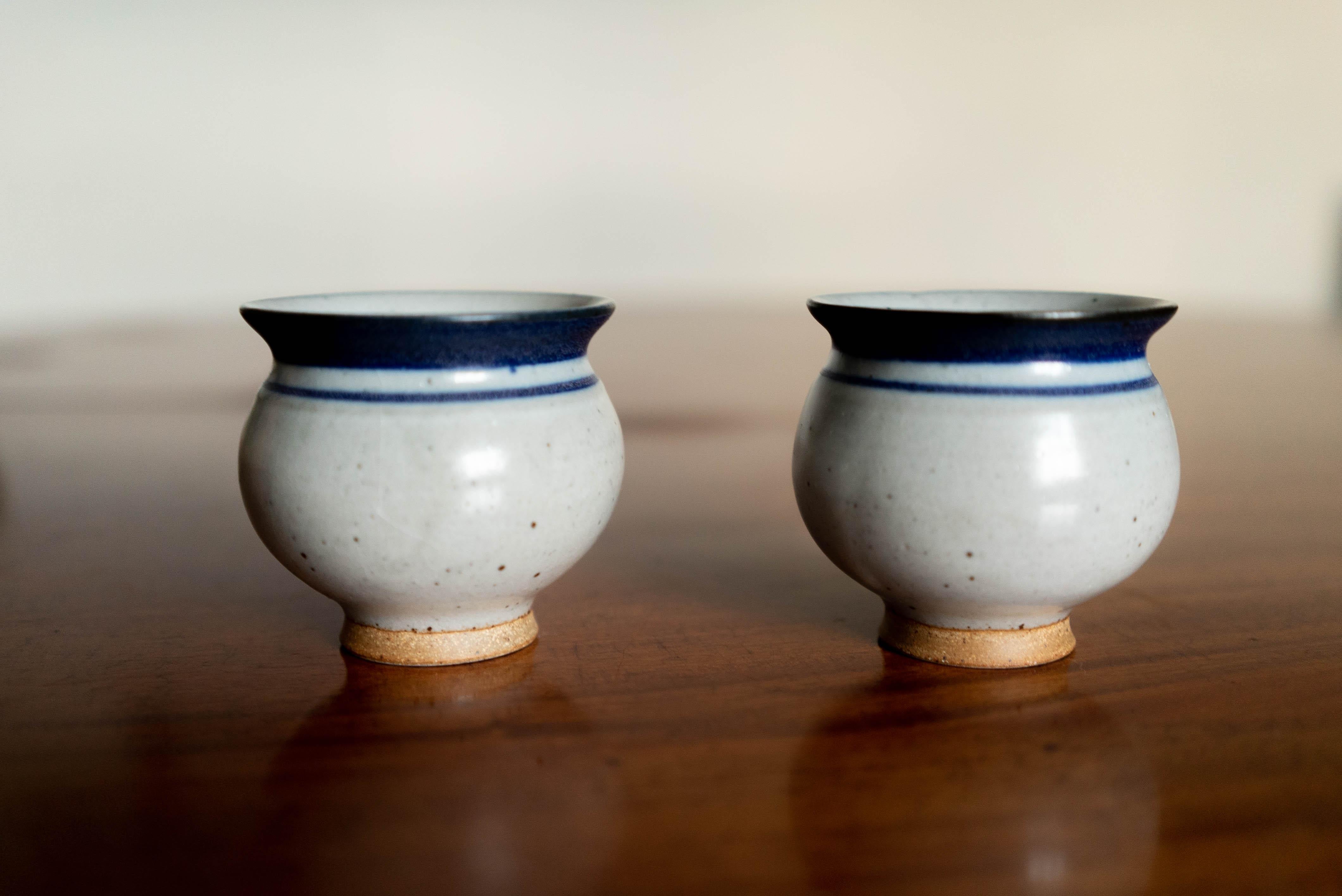 Jacob Bang, Danish 1932-2011
cups in stonewear with grey, blue glaze. H: 7.5 cm.
Made in Jacob Bang's own studio during the 1980s
Marked on the base.
Jacob Bang was a Danish ceramicist, designer, sculptor, and the son of ceramic artist Arne Bang.