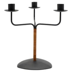 Danish Mid-Century Laurids Lønborg Rattan and Cast Iron Candelabra