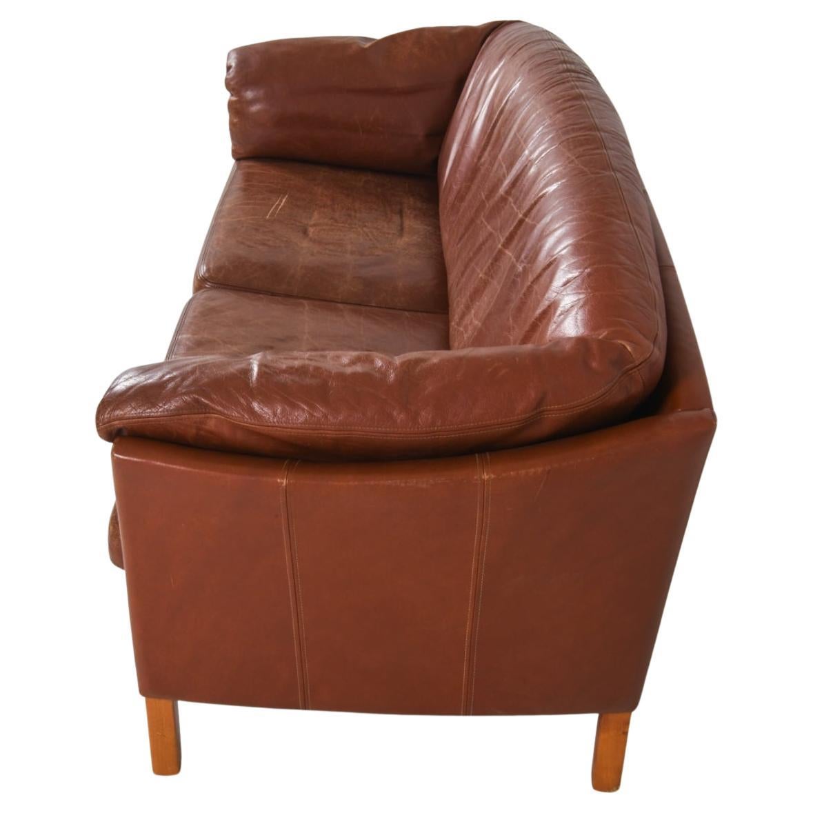 Danish Mid Century Leather Sofa By Mogen Hansen 1970s In Good Condition For Sale In Hudson, NY