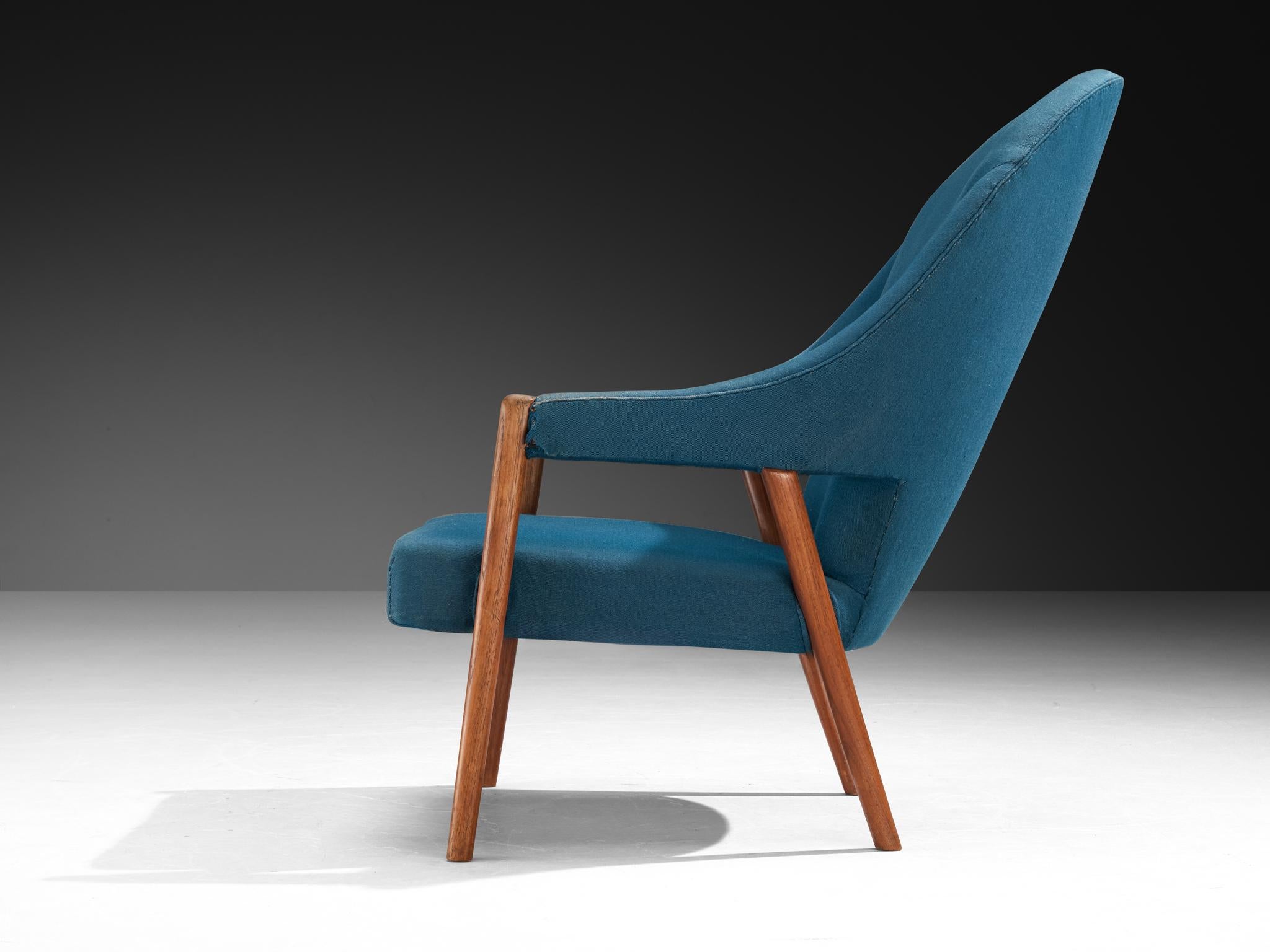 Silla de salón danesa de mediados de siglo en tapicería azul y teca en Bueno estado para la venta en Waalwijk, NL