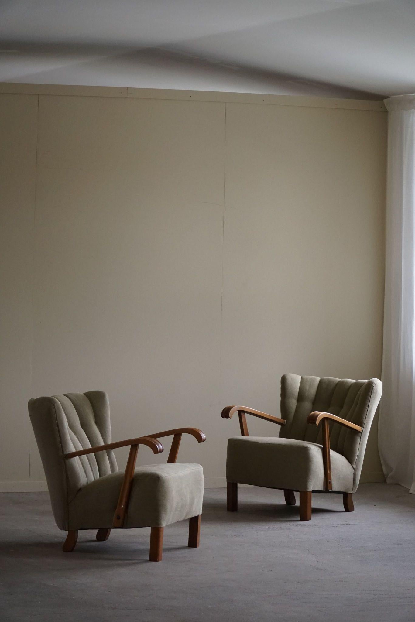 Scandinavian Modern Danish Mid Century Lounge Chairs, Reupholstered in a Olive Green Linen, 1960s