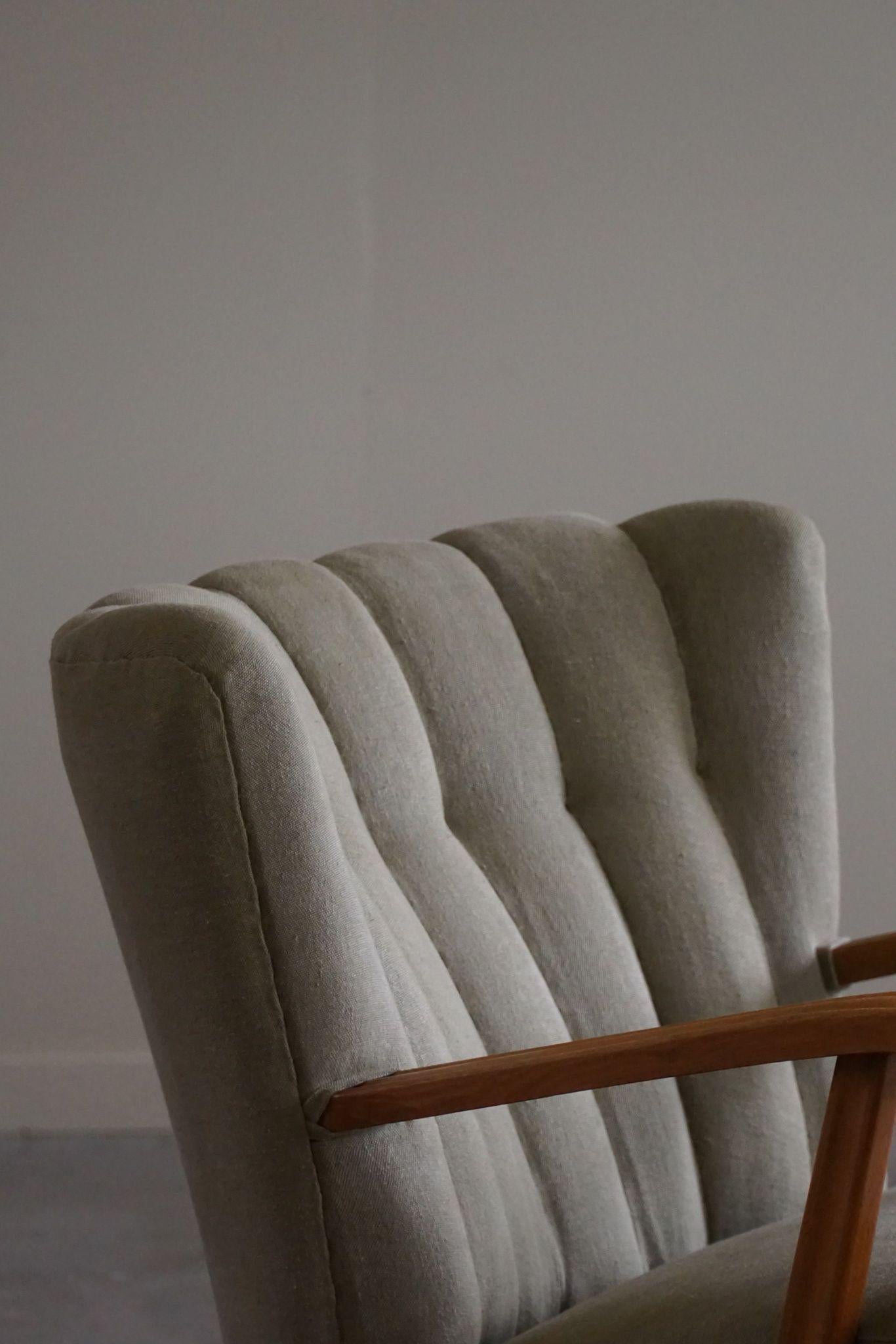 20th Century Danish Mid Century Lounge Chairs, Reupholstered in a Olive Green Linen, 1960s