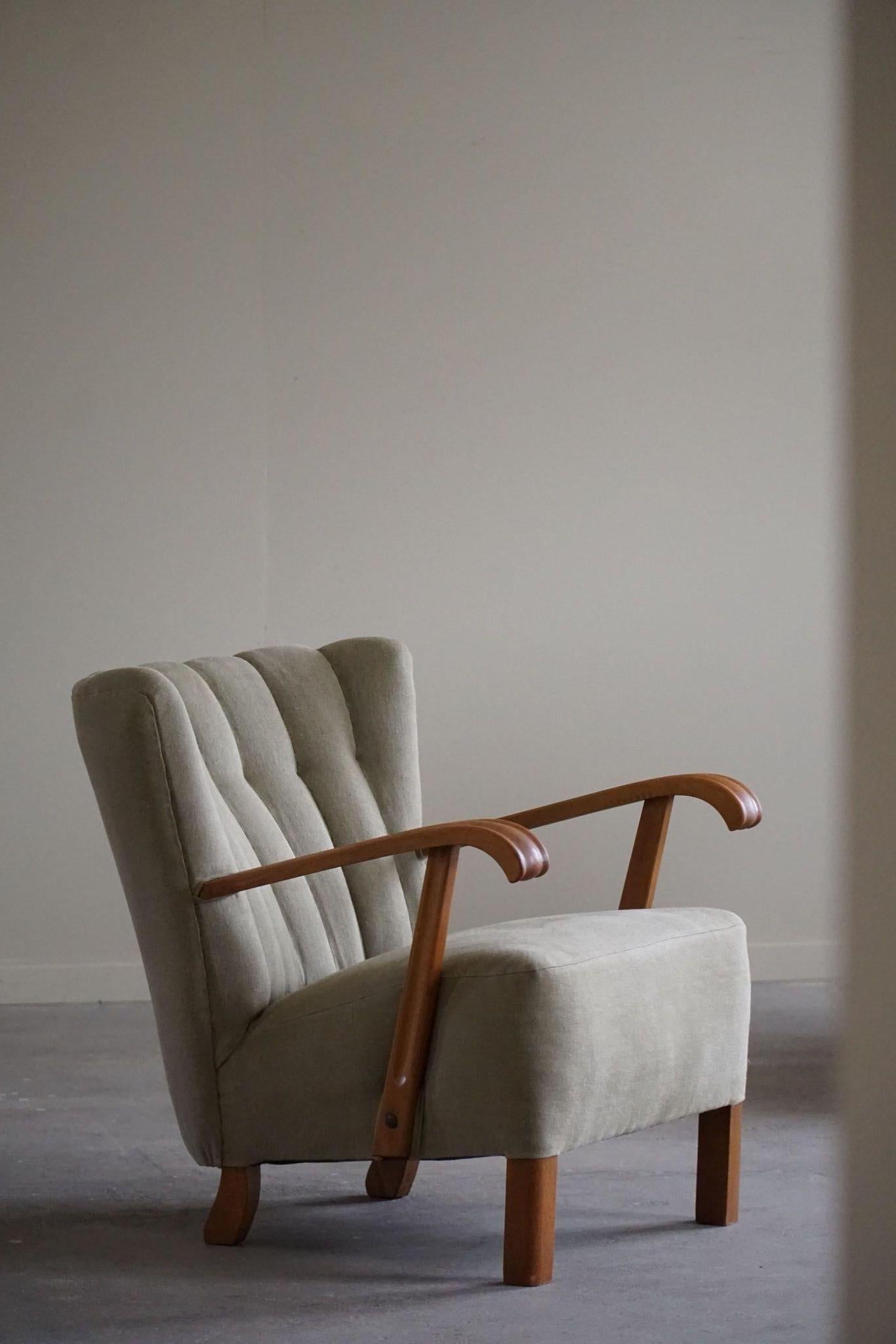 Beech Danish Mid Century Lounge Chairs, Reupholstered in a Olive Green Linen, 1960s