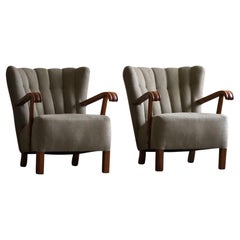 Danish Mid Century Lounge Chairs, Reupholstered in a Olive Green Linen, 1960s