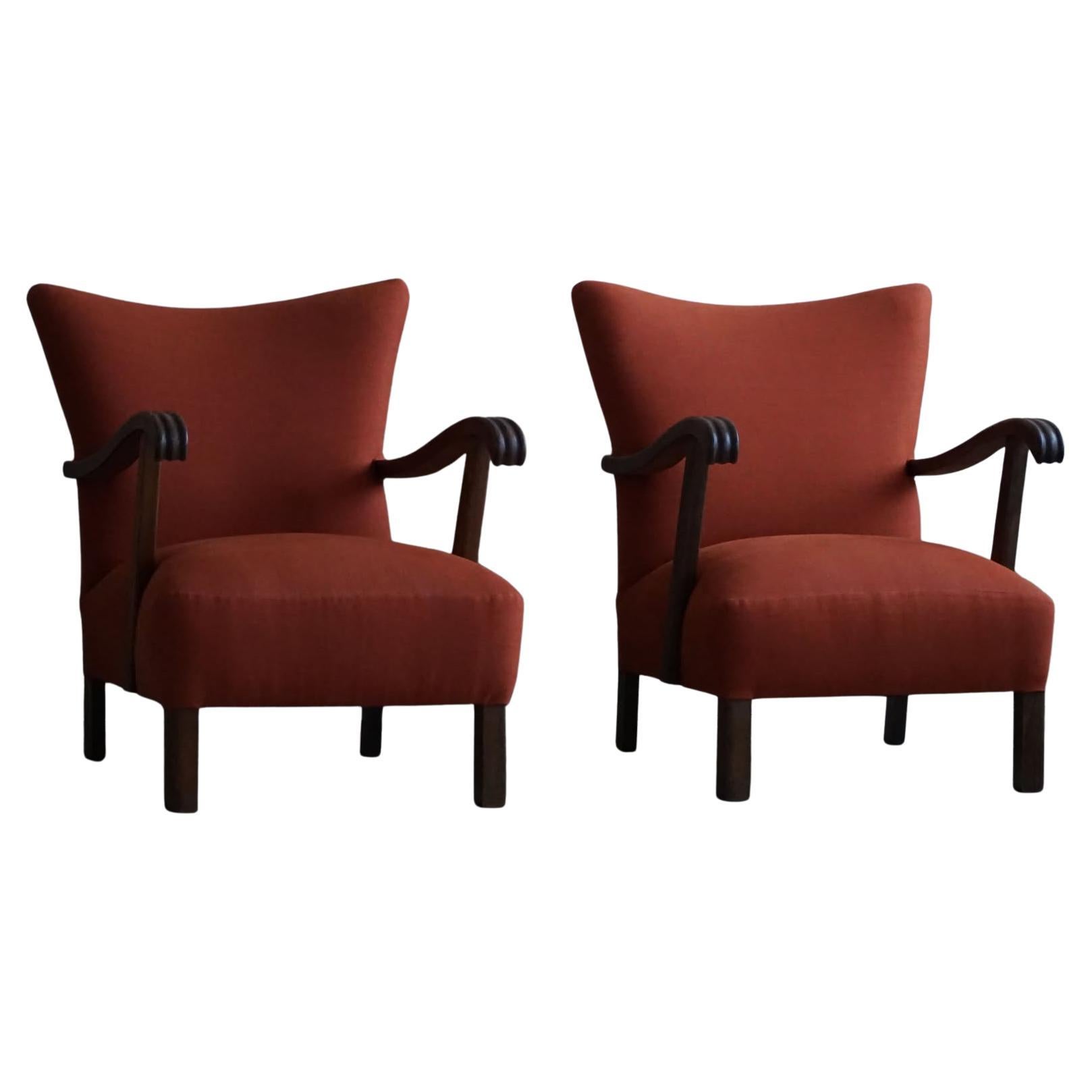 Danish Mid Century Lounge Chairs, Reupholstered in a Rust Red Linen, 1960s