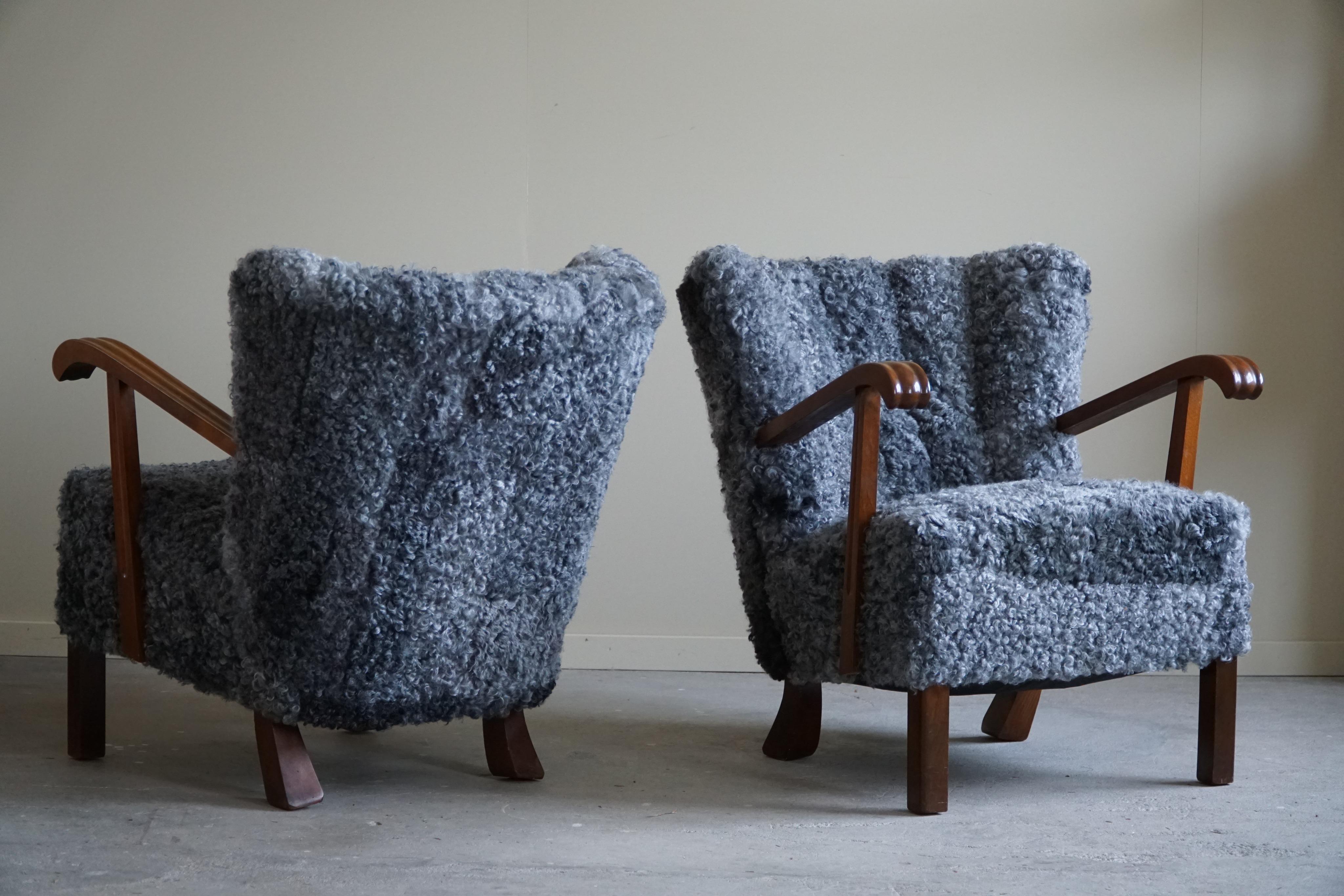 Scandinavian Modern Danish Mid Century Lounge Chairs, Reupholstered in Gotland Sheepskin, 1960s