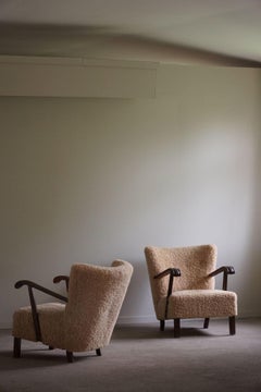 Danish Mid Century Lounge Chairs, Reupholstered in Shearling Lambswool, 1960s
