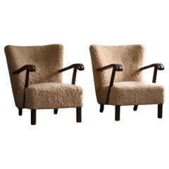 Danish Mid Century Lounge Chairs, Reupholstered in Shearling Lambswool, 1960s