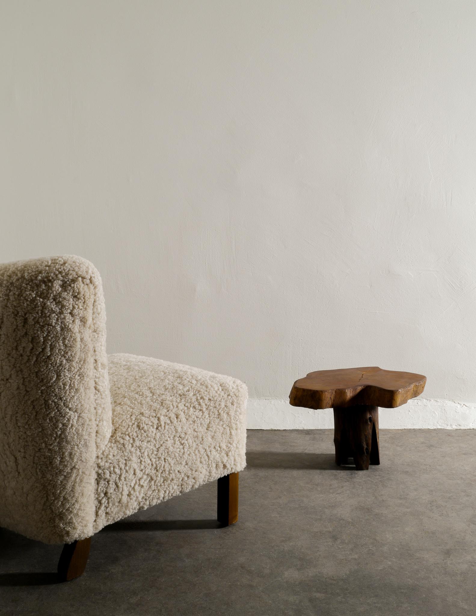 Elm Danish Midcentury Lounge Easy Chair Sheepskin & French Wooden Freeform Table 