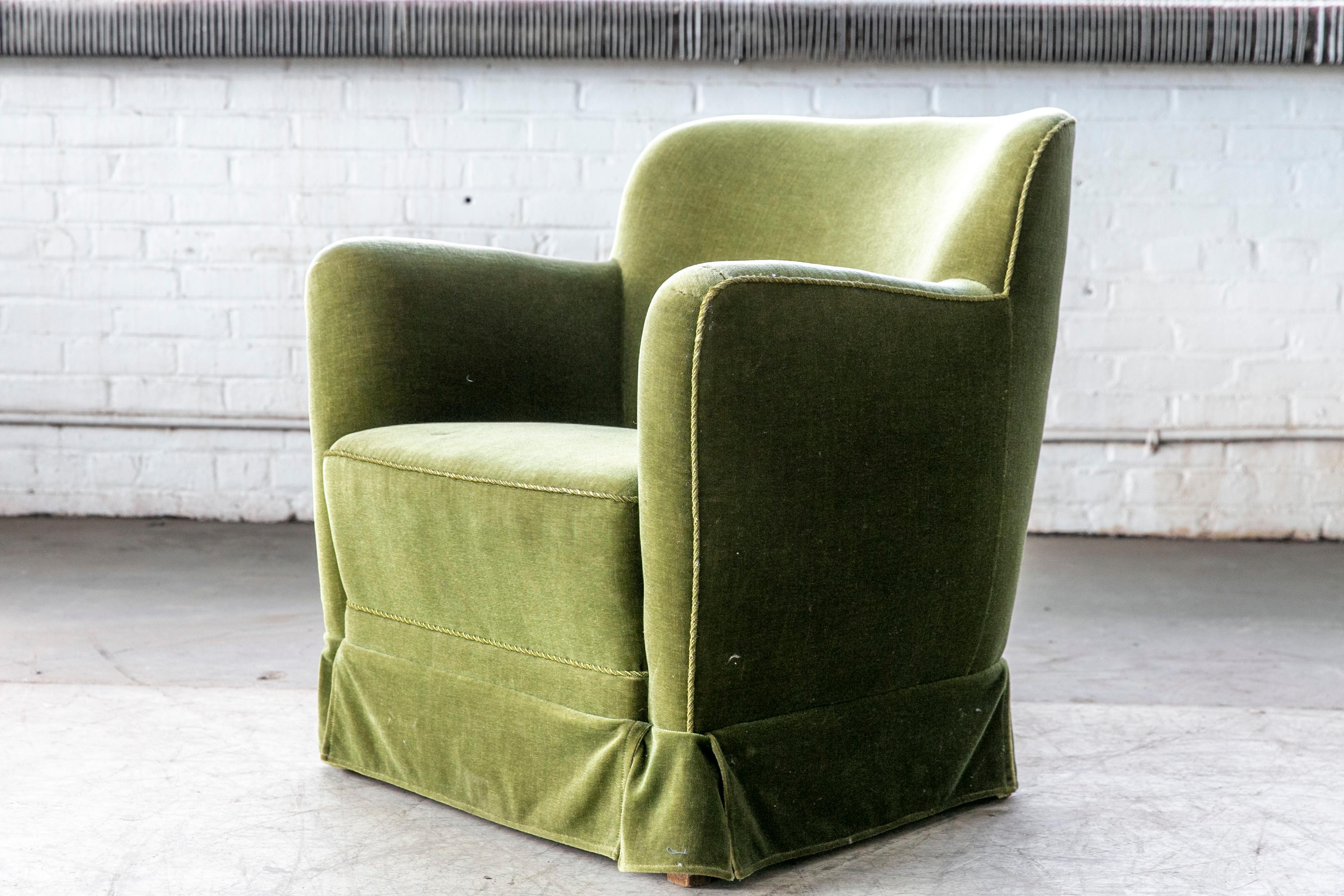 Mid-Century Modern Danish Midcentury Lounge or Club Chair in Emerald Green Mohair, 1940s
