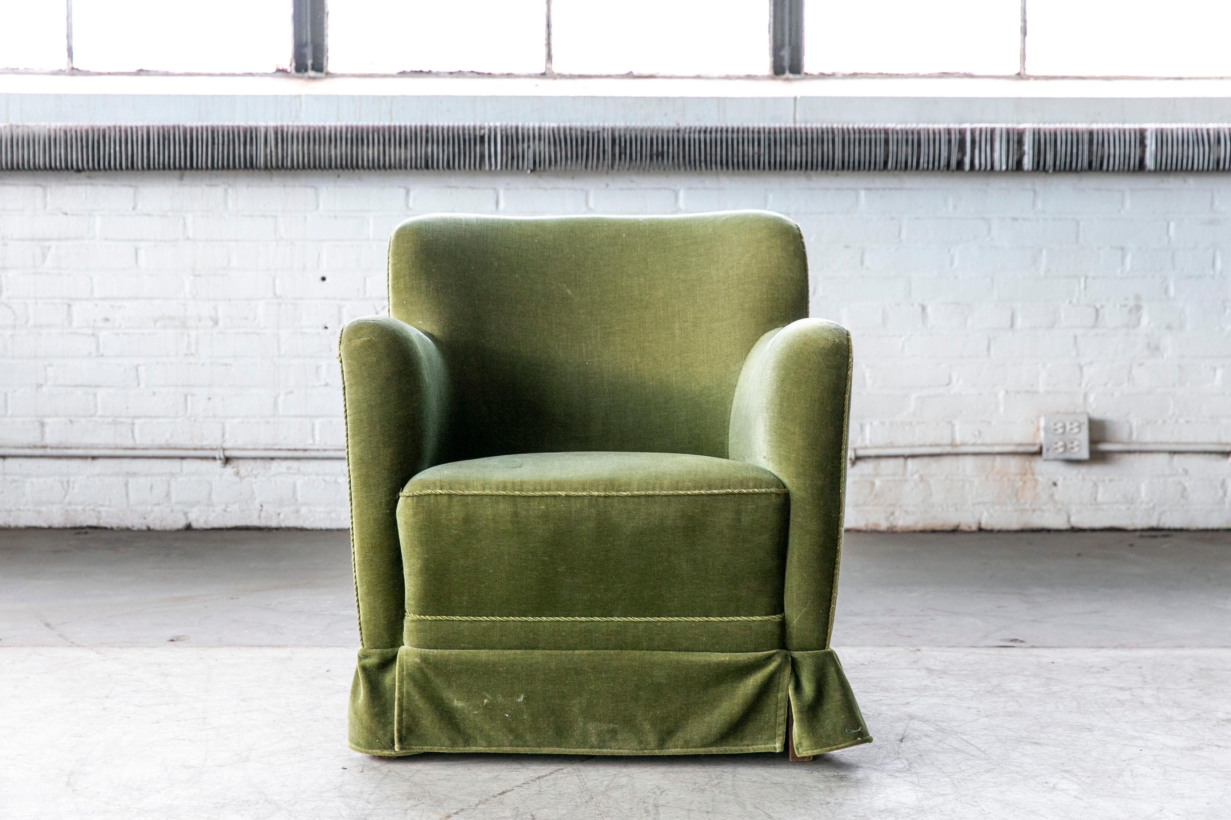 Danish Midcentury Lounge or Club Chair in Emerald Green Mohair, 1940s 1
