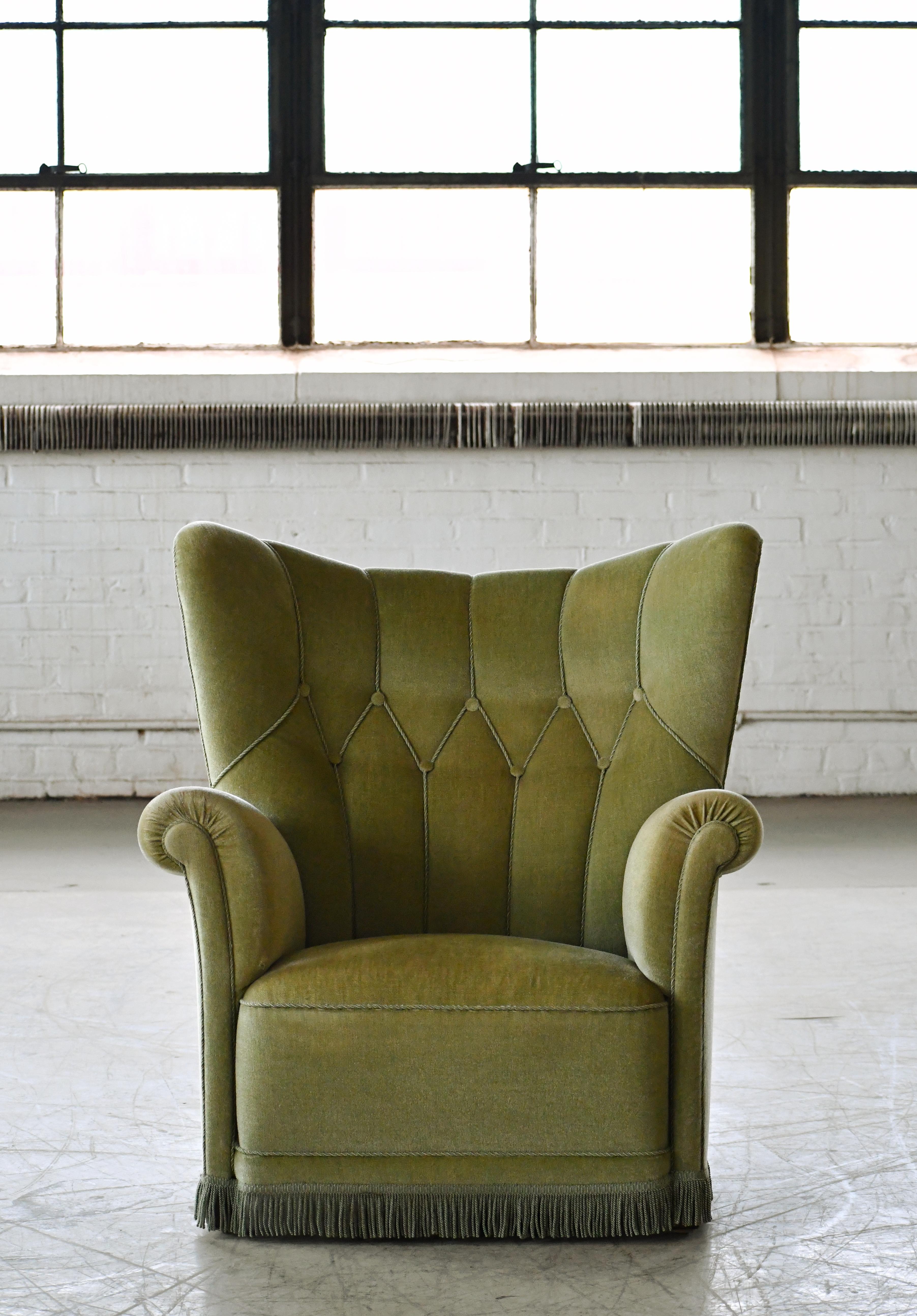 Mid-Century Modern Danish Mid-Century Lounge or Club Chair in Green Mohair, 1940's For Sale