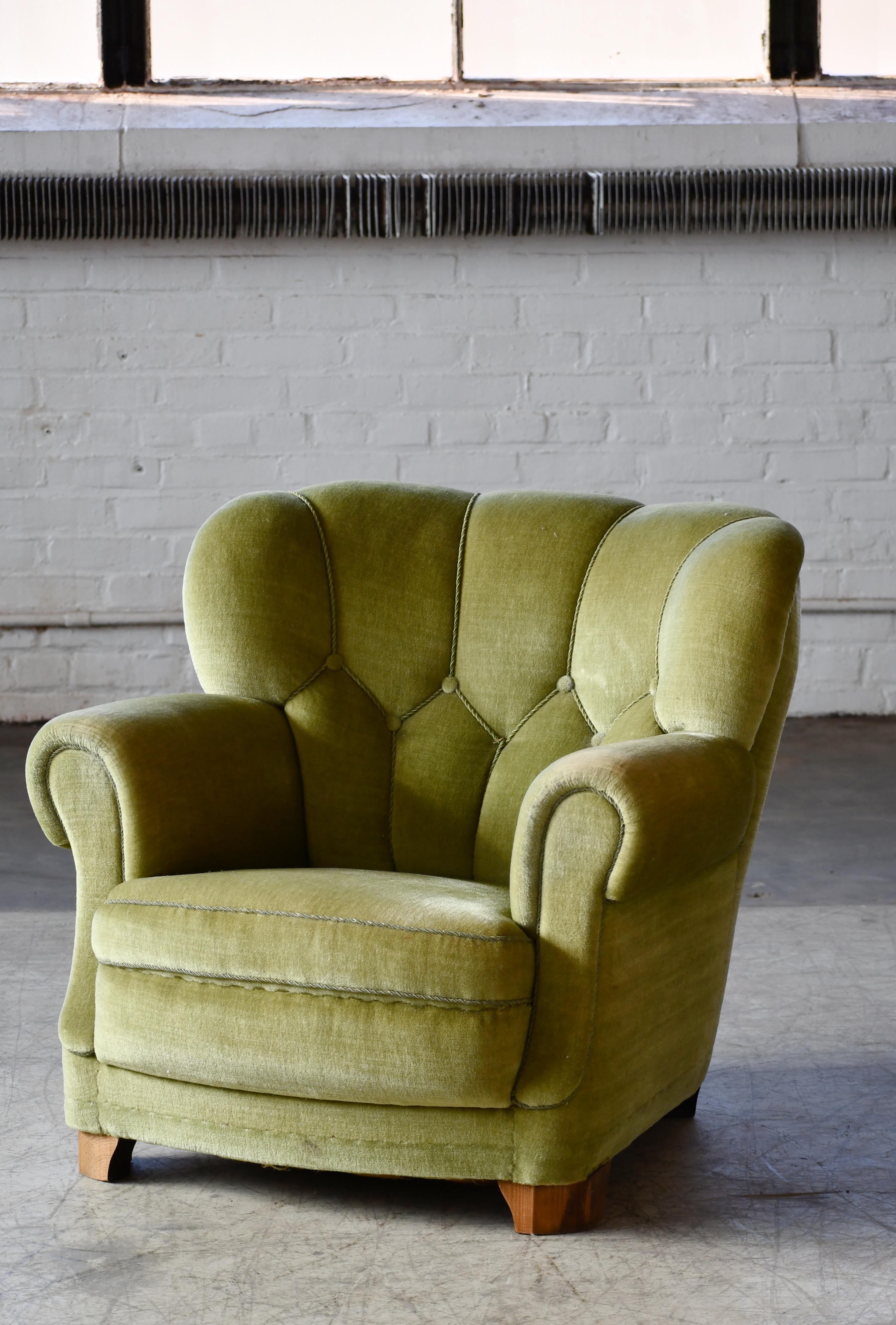 Mid-Century Modern Danish Mid-Century Lounge or Club Chair in Green Mohair, 1940's