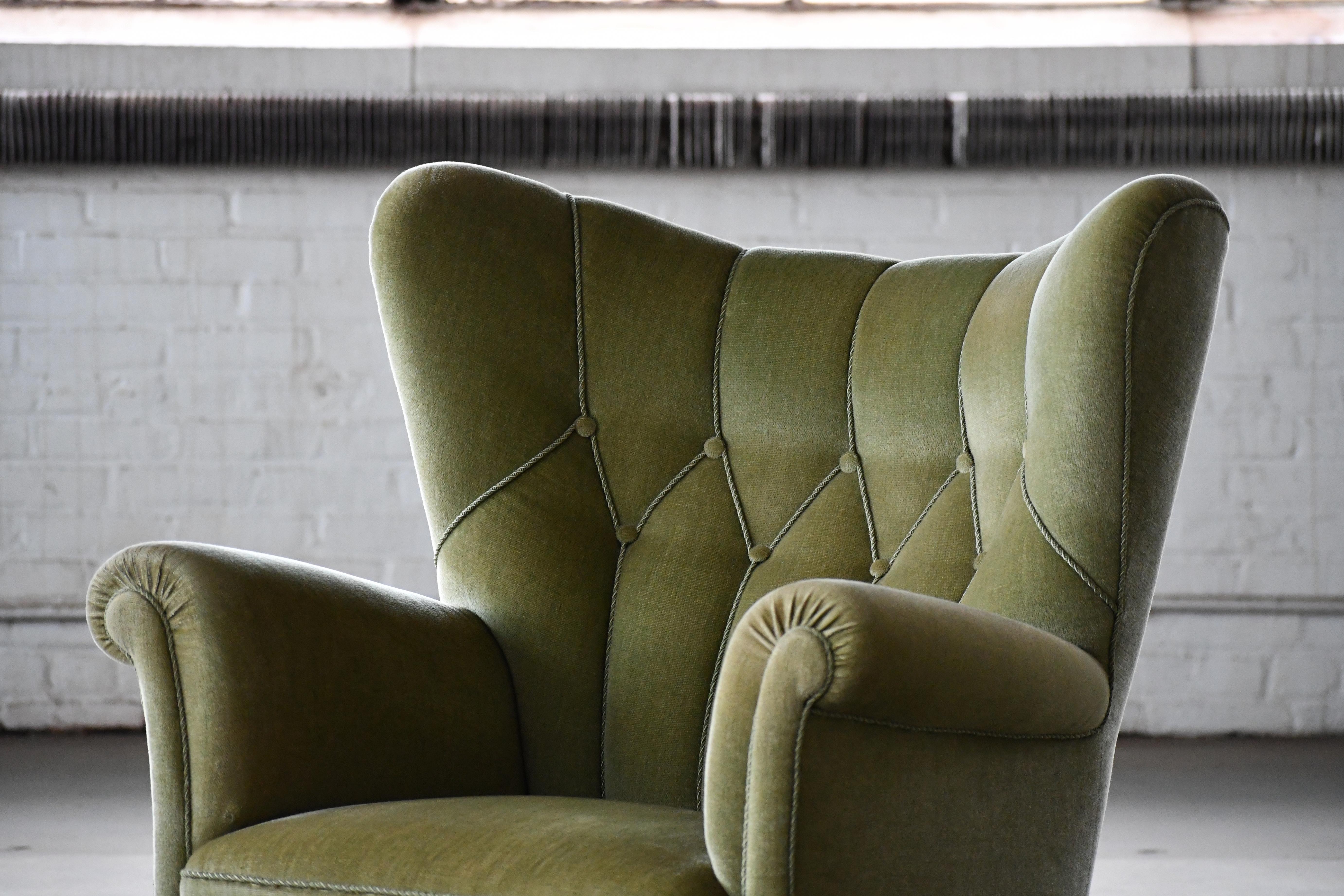 Mid-20th Century Danish Mid-Century Lounge or Club Chair in Green Mohair, 1940's For Sale