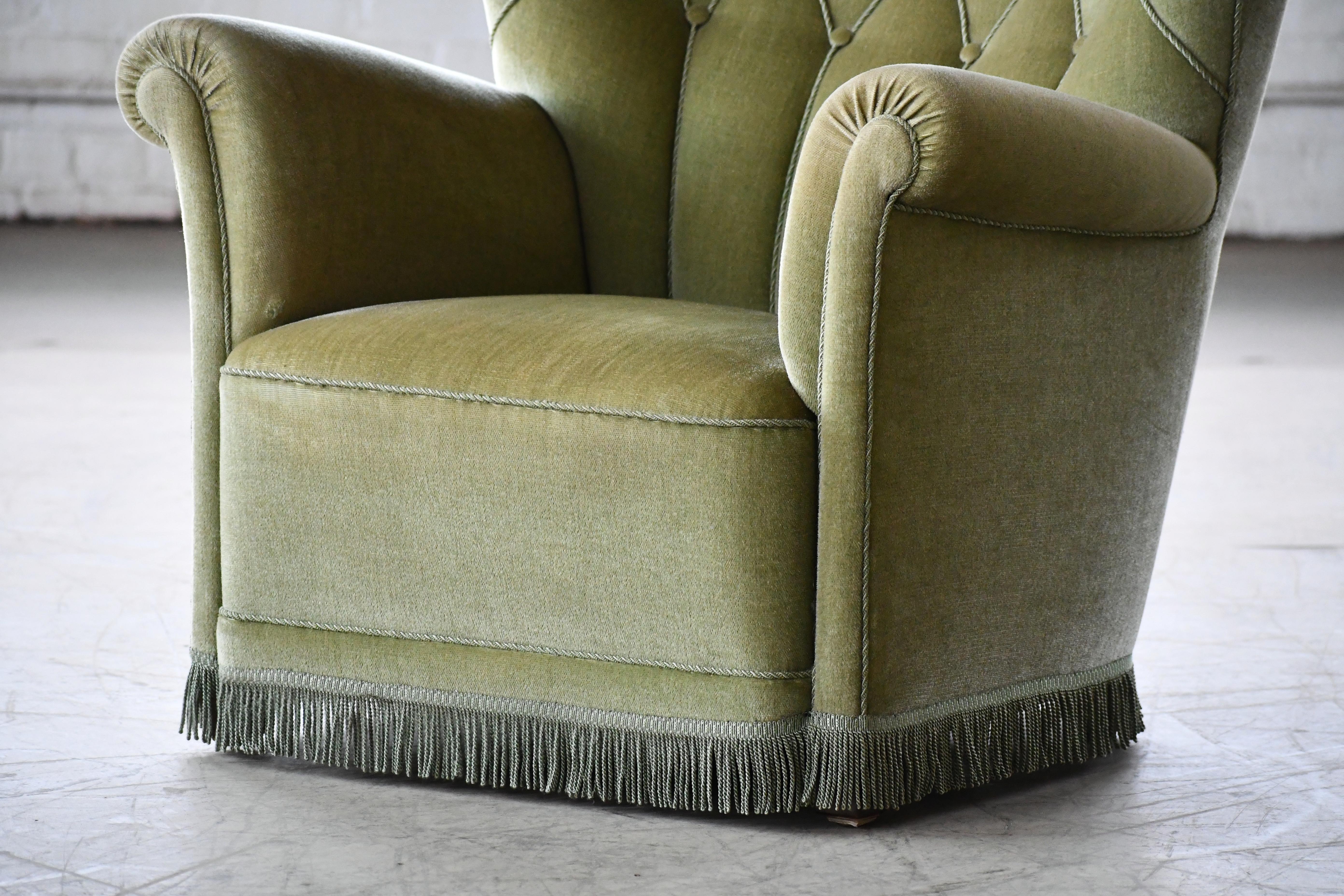 Beech Danish Mid-Century Lounge or Club Chair in Green Mohair, 1940's For Sale