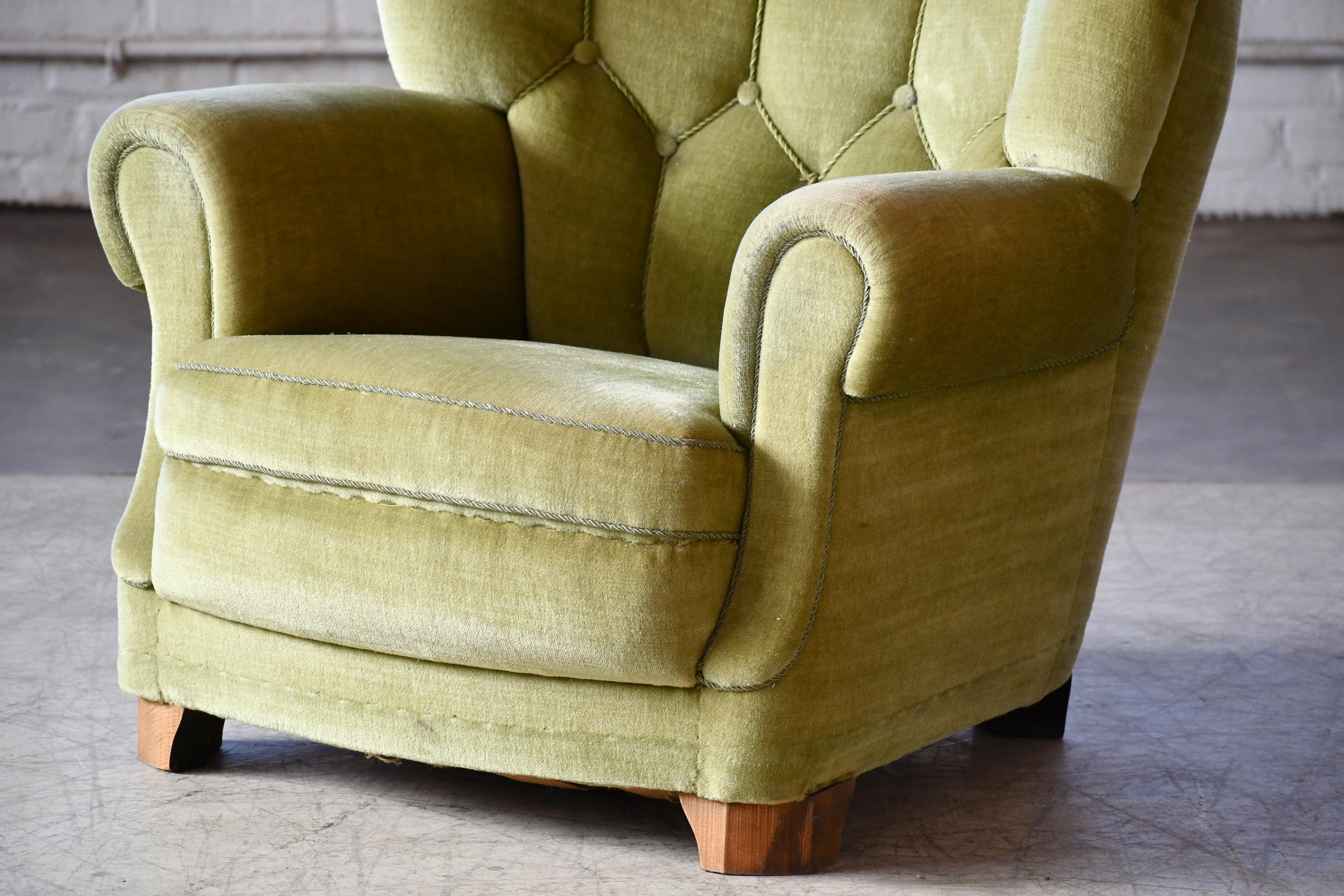 Danish Mid-Century Lounge or Club Chair in Green Mohair, 1940's 2