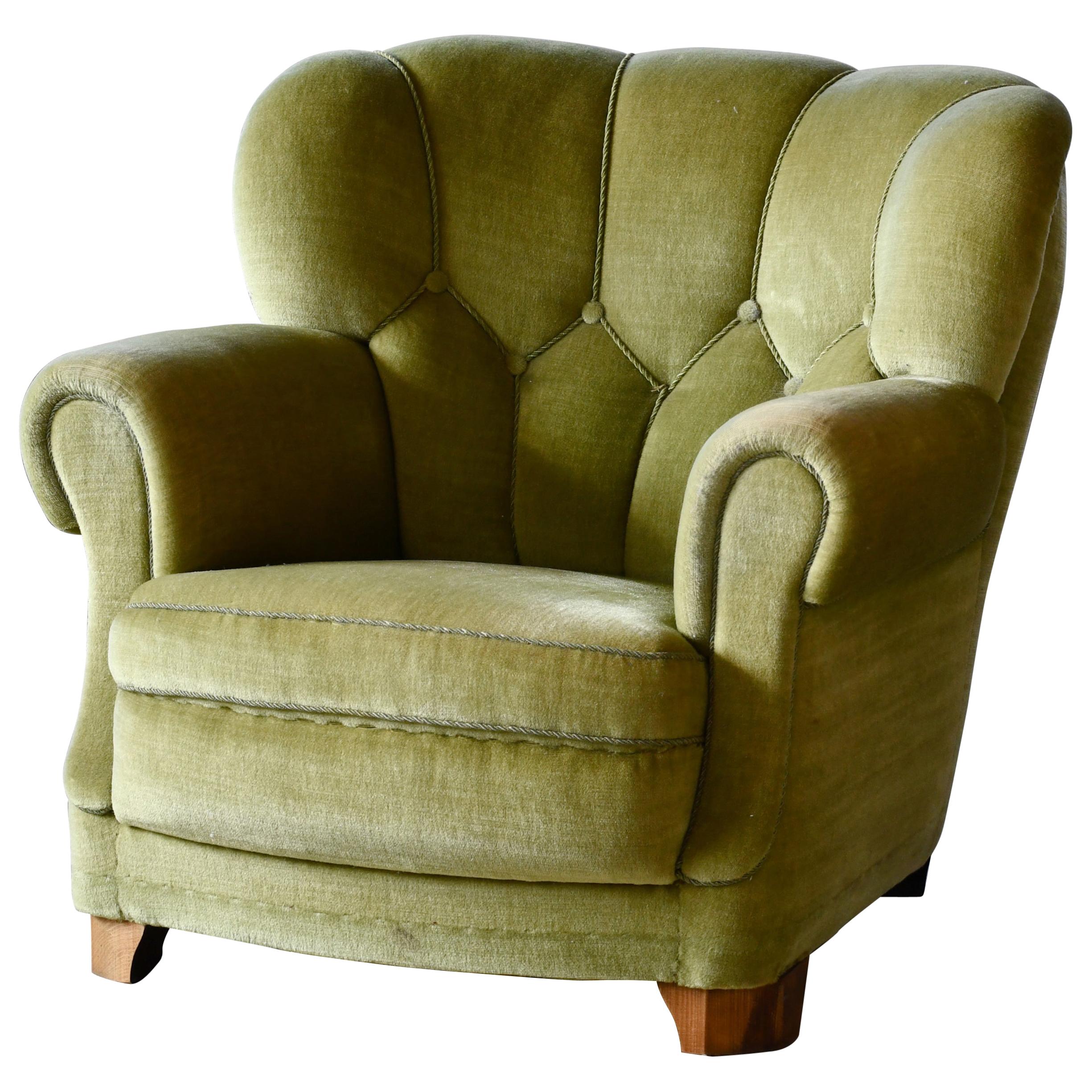 Danish Mid-Century Lounge or Club Chair in Green Mohair, 1940's