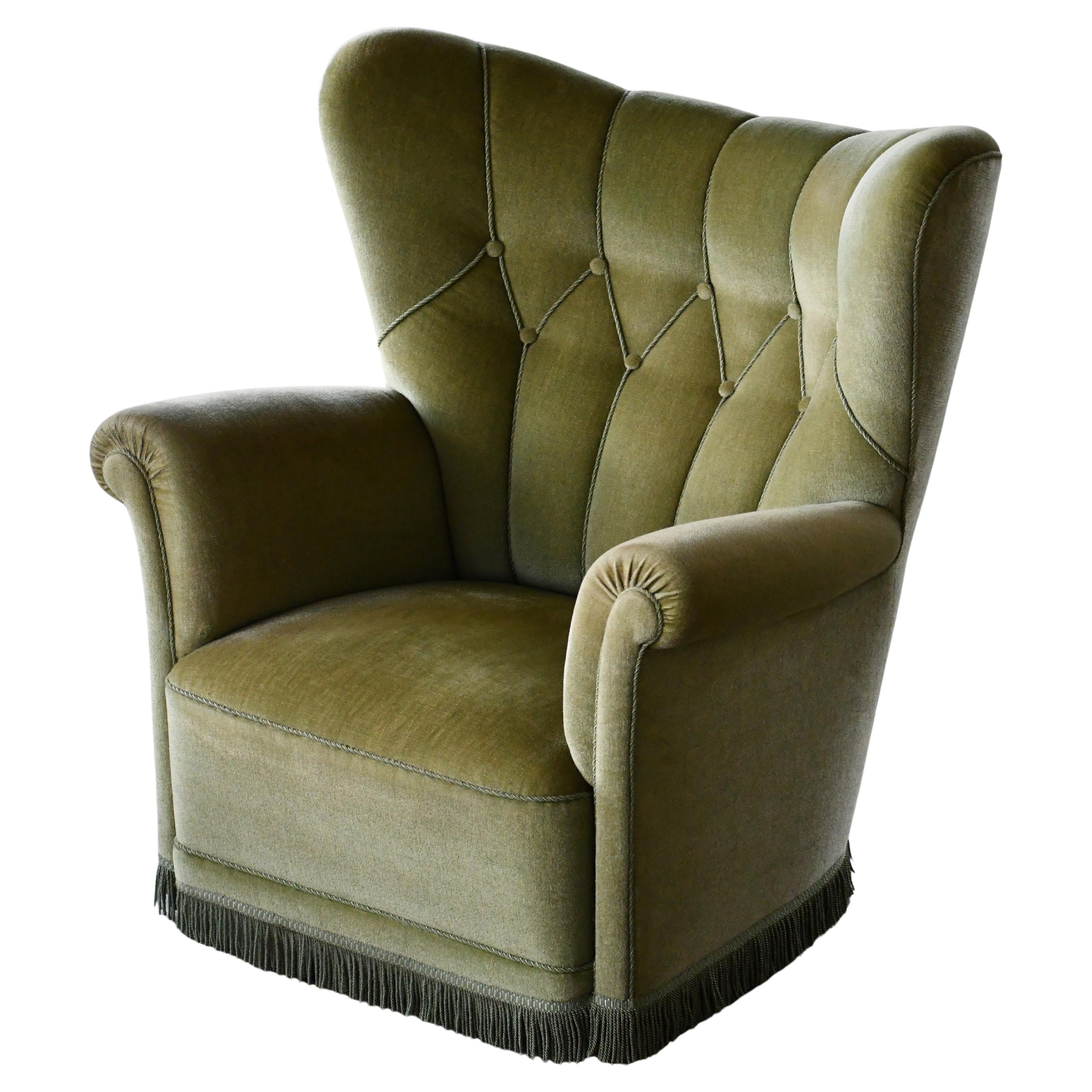 Danish Mid-Century Lounge or Club Chair in Green Mohair, 1940's For Sale