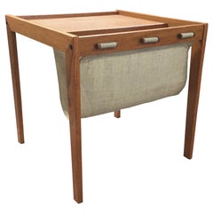 Danish Midcentury Maple Wood and Linen Newsstand Side Table