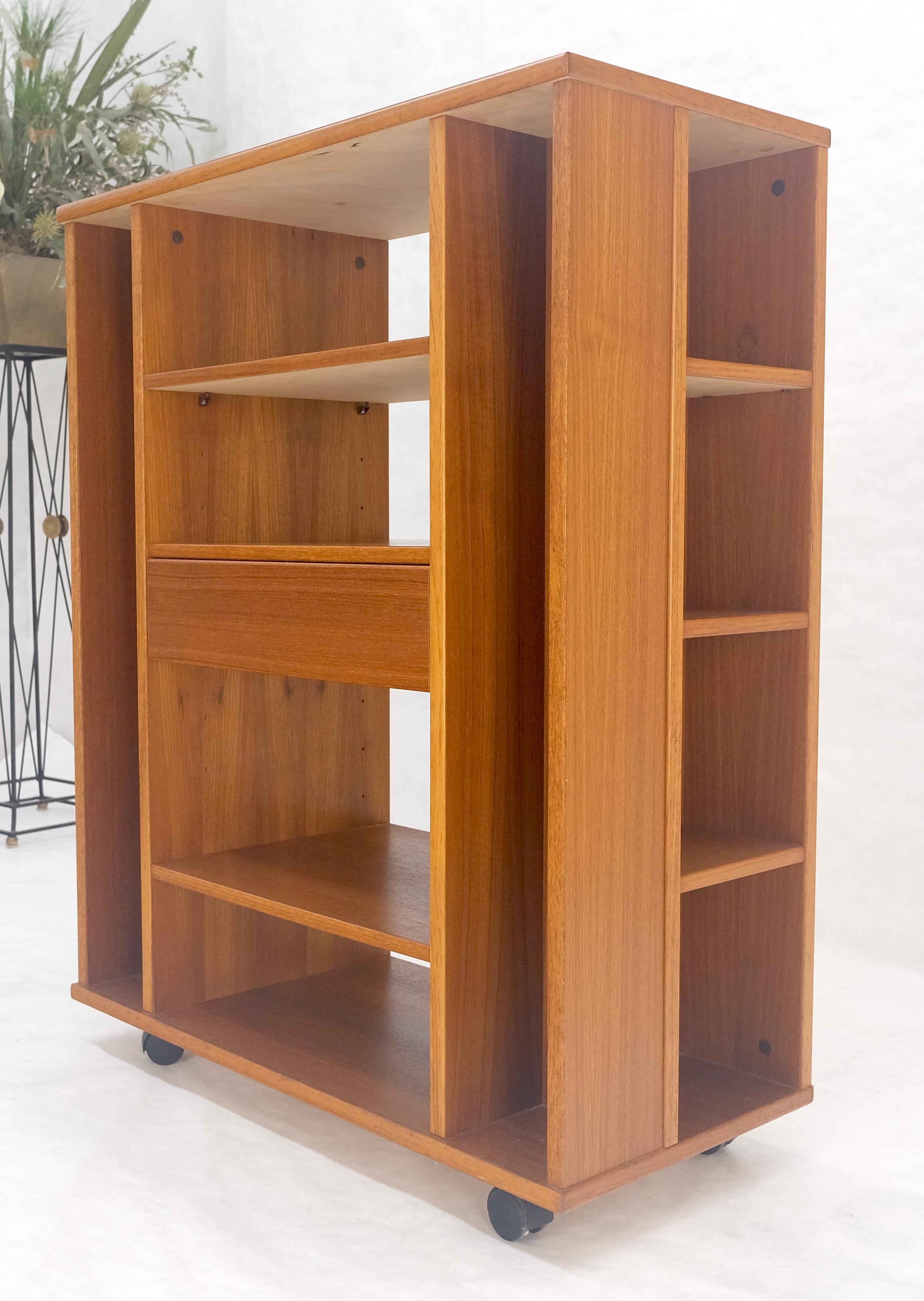 Danish Mid Century Modern 1970s Teak Bookcase Entertainment Center on Wheels For Sale 2