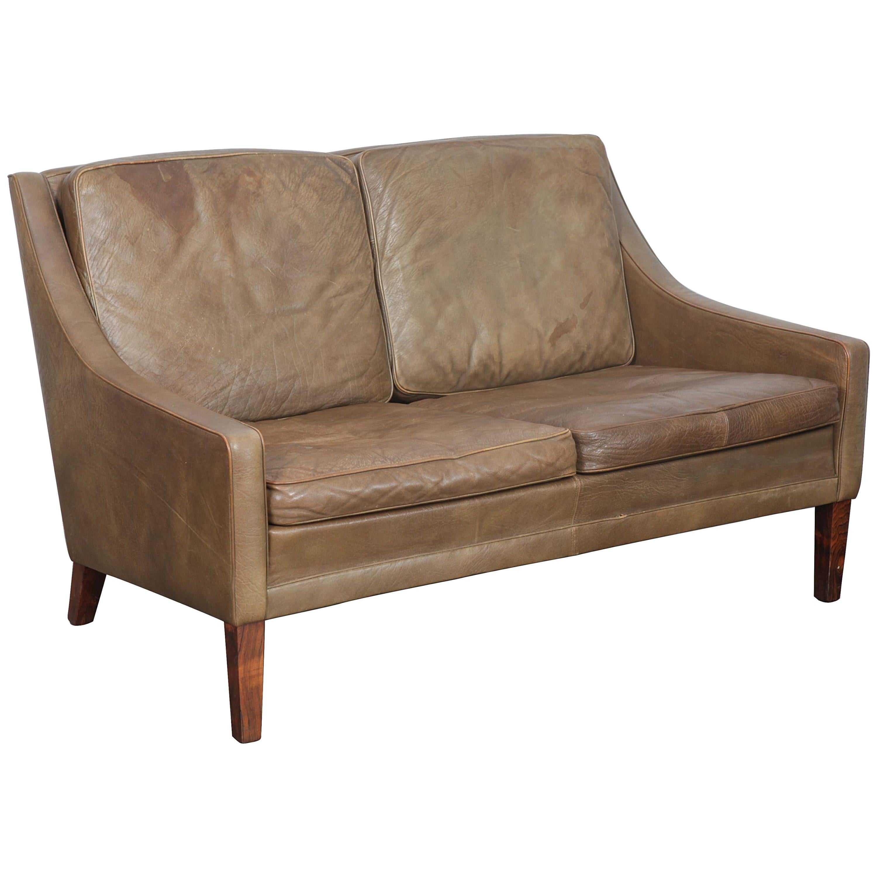 Danish Mid-Century Modern 2-Seat Brown Leather Sofa