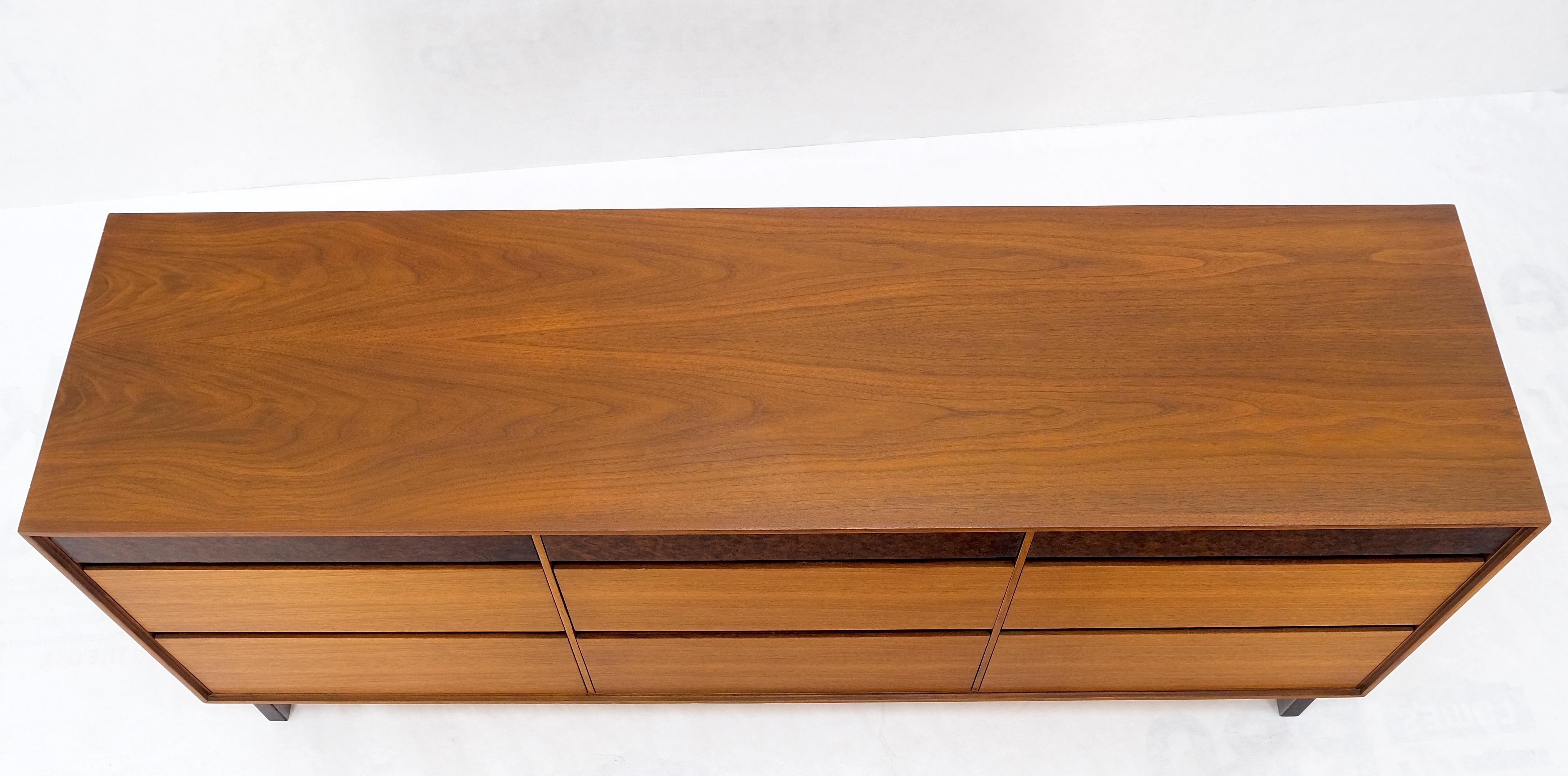 Danish Mid-Century Modern 9 Drawers Walnut Burl Wood Long Credenza Dresser Mint! For Sale 8